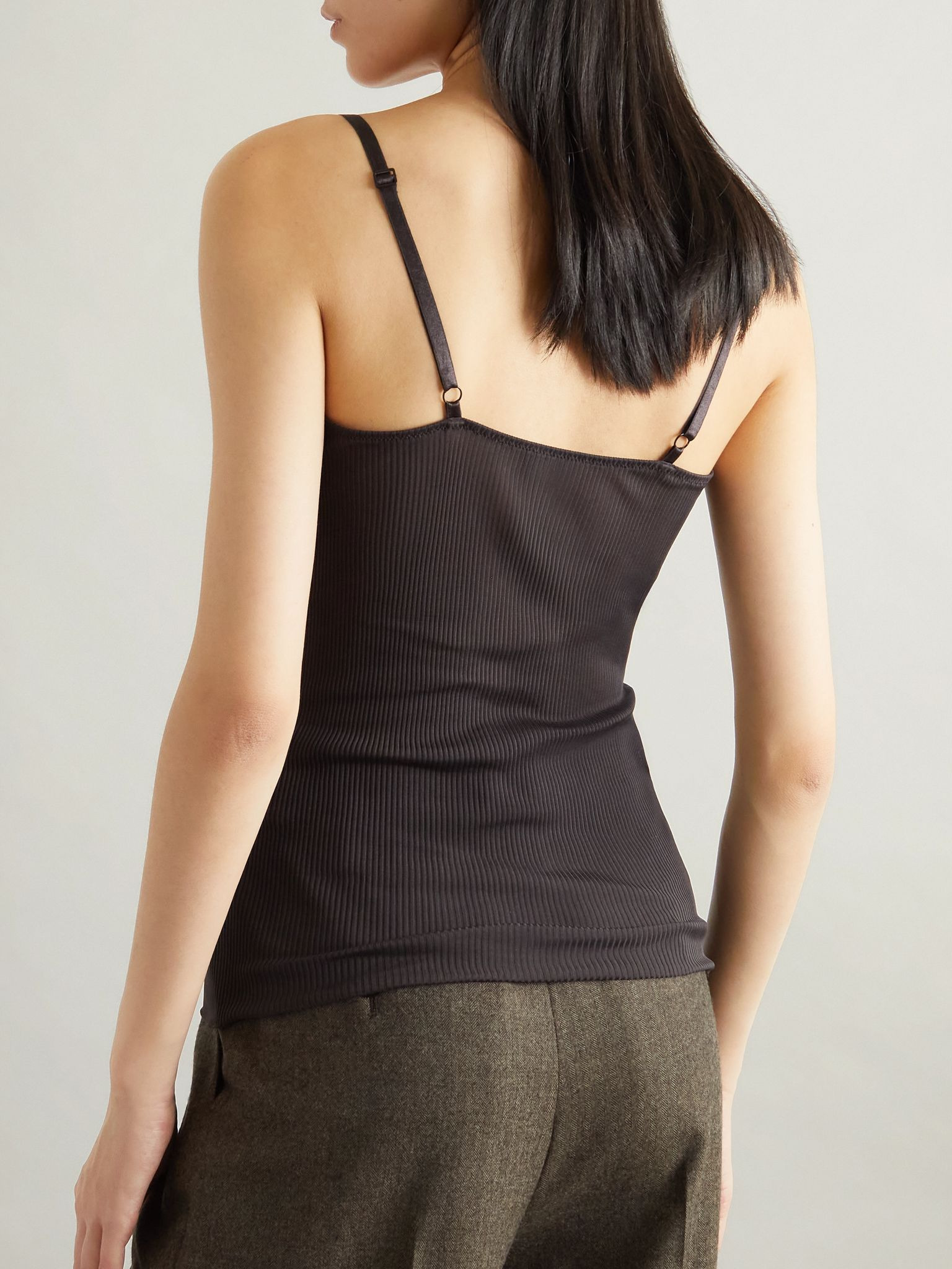 Lace-trimmed ribbed silk-jersey camisole Black - 3