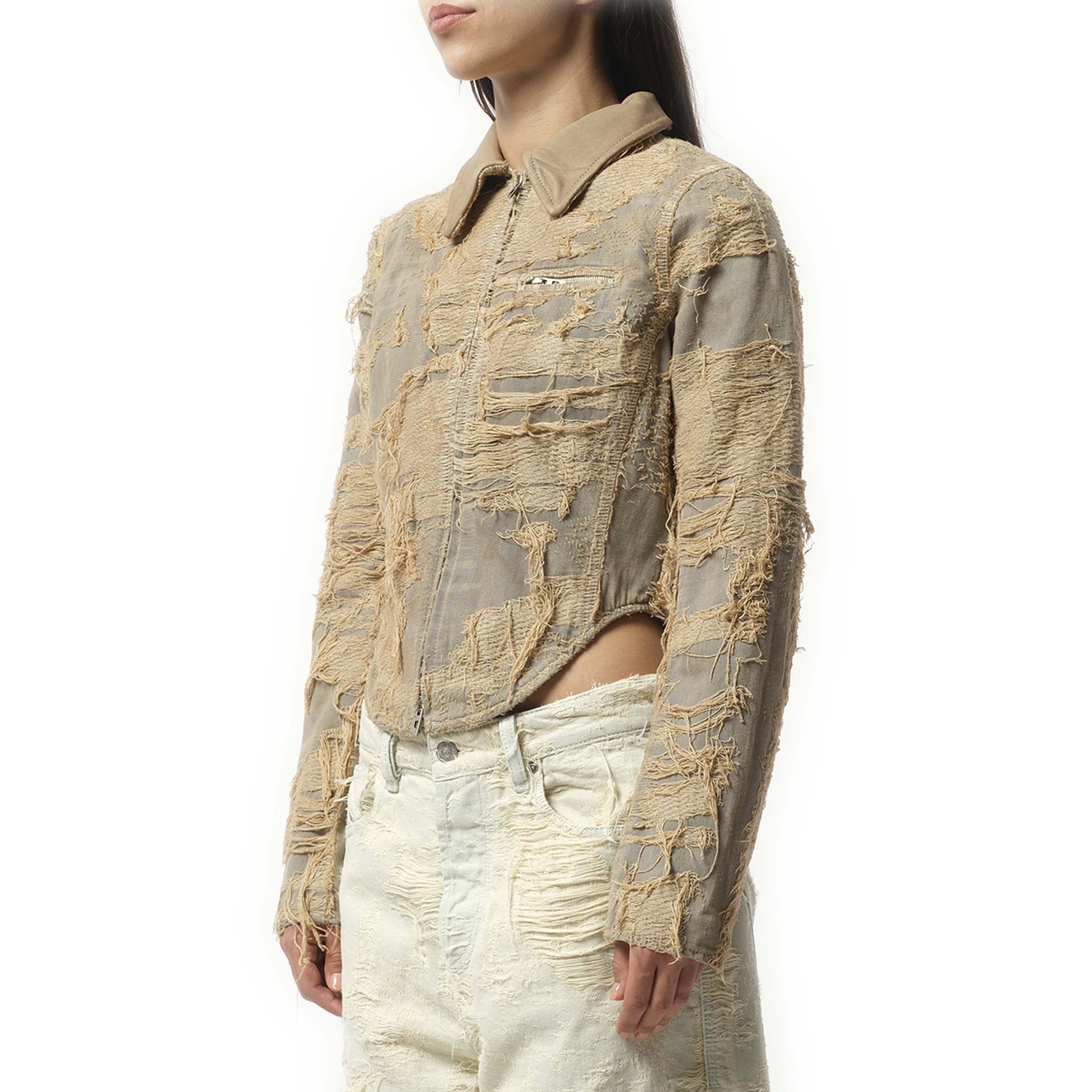 Distressed Effect Denim Jacket in Beige - 5