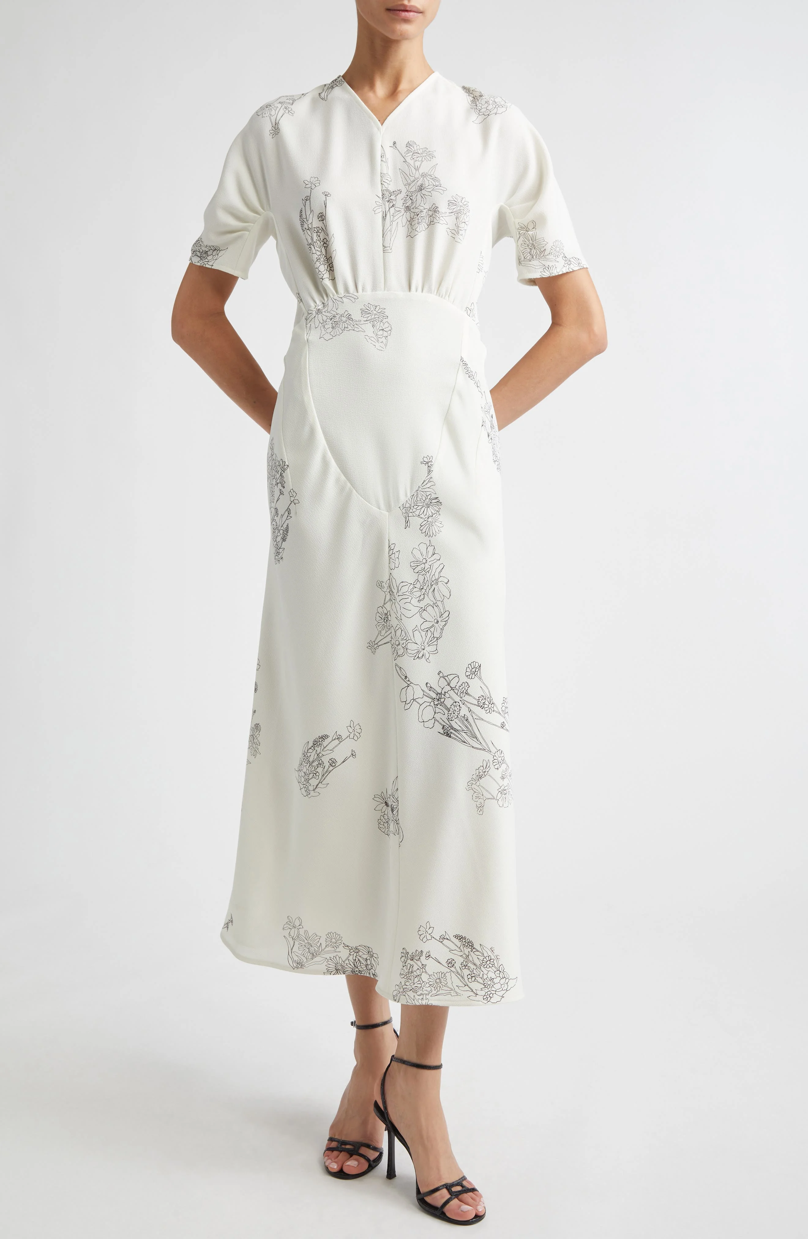 Victoria Beckham Gathered Detail Floral Stretch Cady Midi Dress in Off White Black at Nordstrom - 1