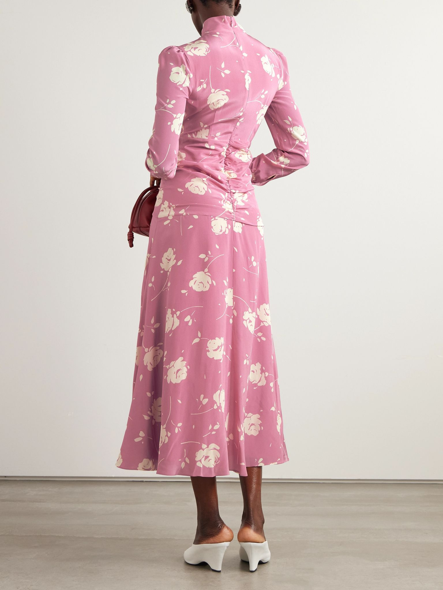 Bow-embellished gathered floral-print silk-georgette midi dress Pink - 3