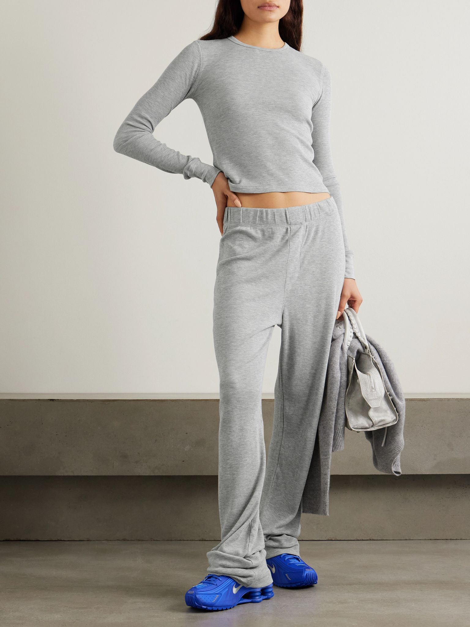 Waffle-knit stretch cotton and modal-blend T-shirt Gray - 2
