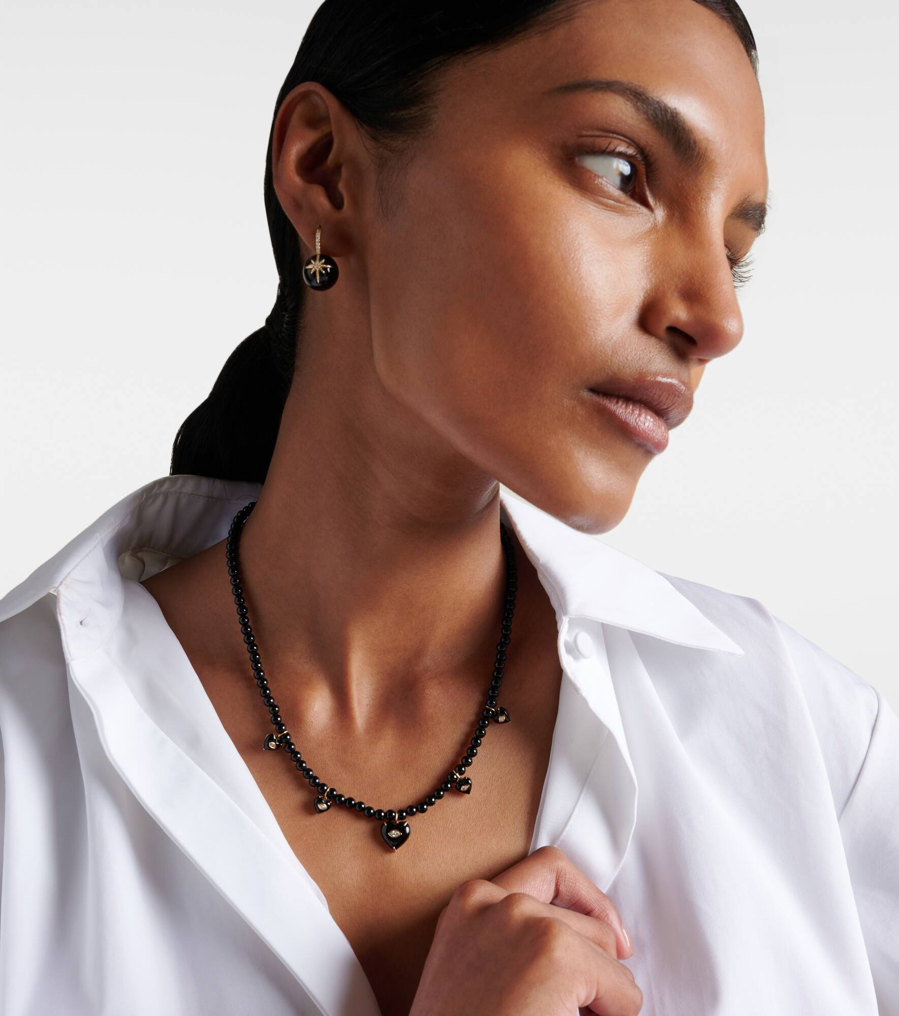 Carved Heart 14kt gold beaded necklace with diamonds and onyx - 2