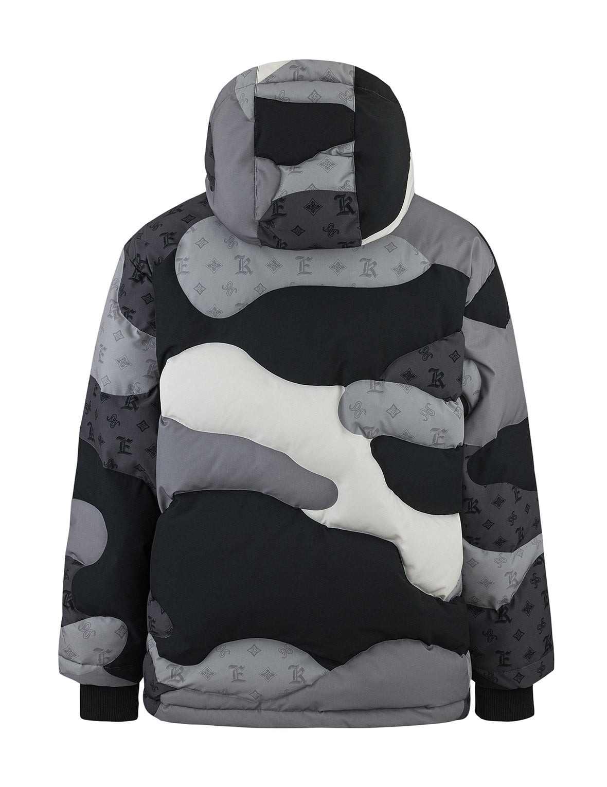 Quilted Camouflage Panels and Allover Logo Print Loose Fit Down Jacket - 7