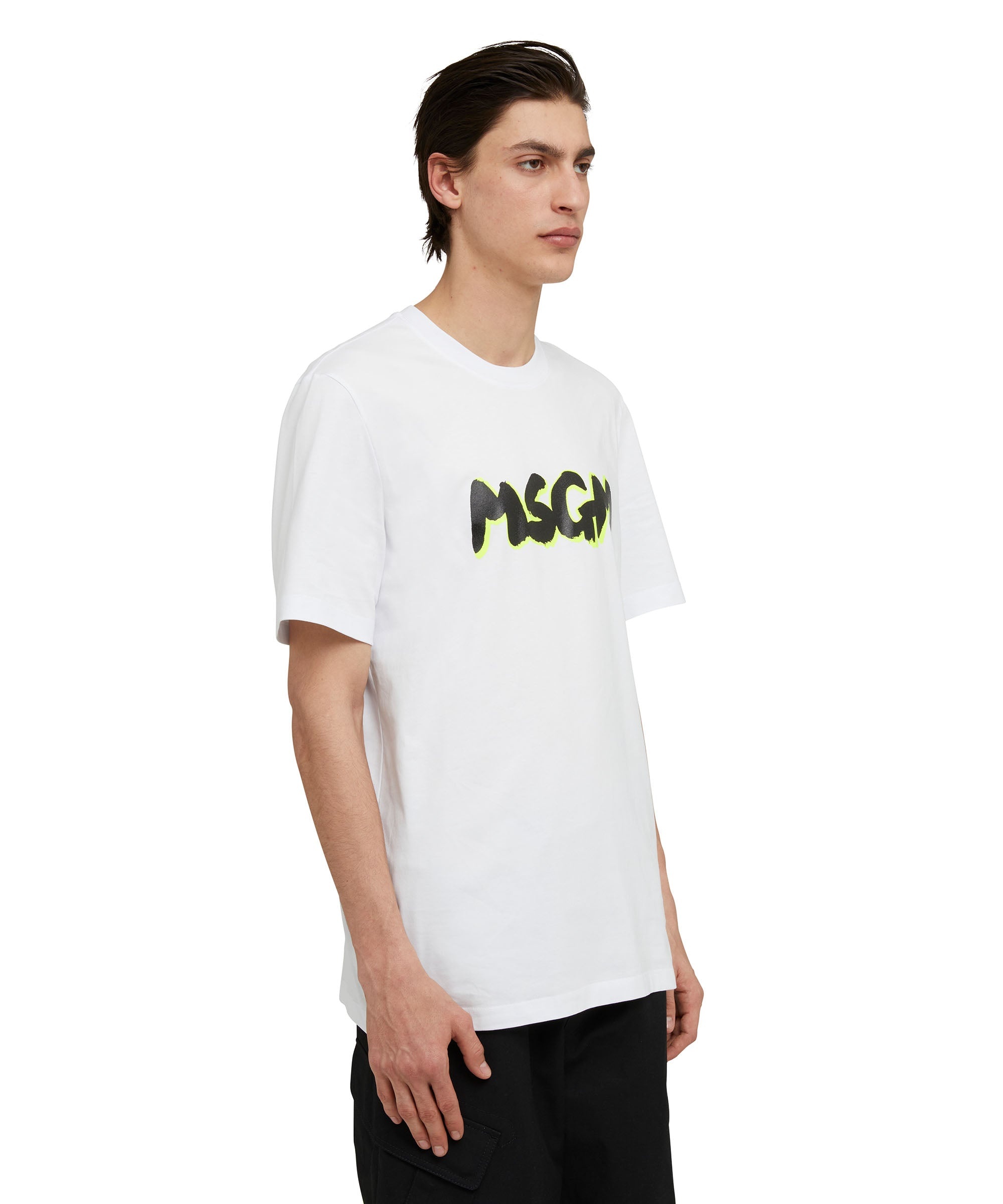 Cotton crewneck t-shirt with new brushed MSGM logo in fluorescent shade - 4