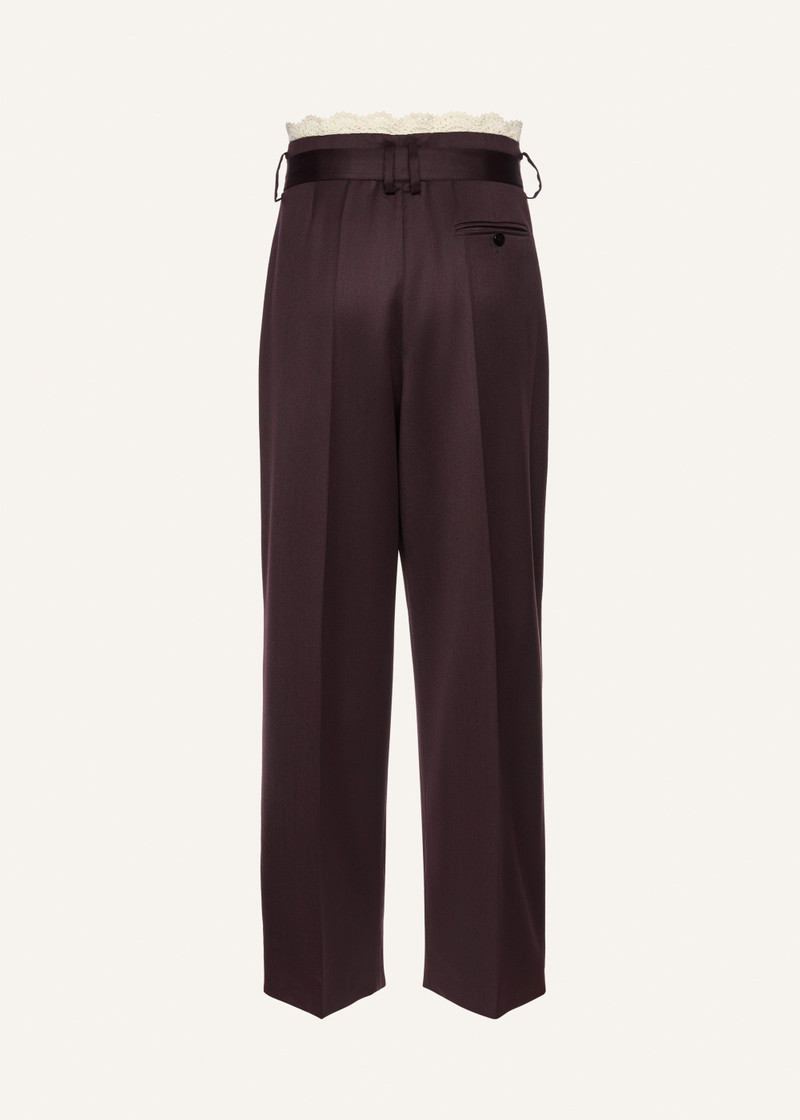 Lace-detail wool tapered trousers in burgundy 2