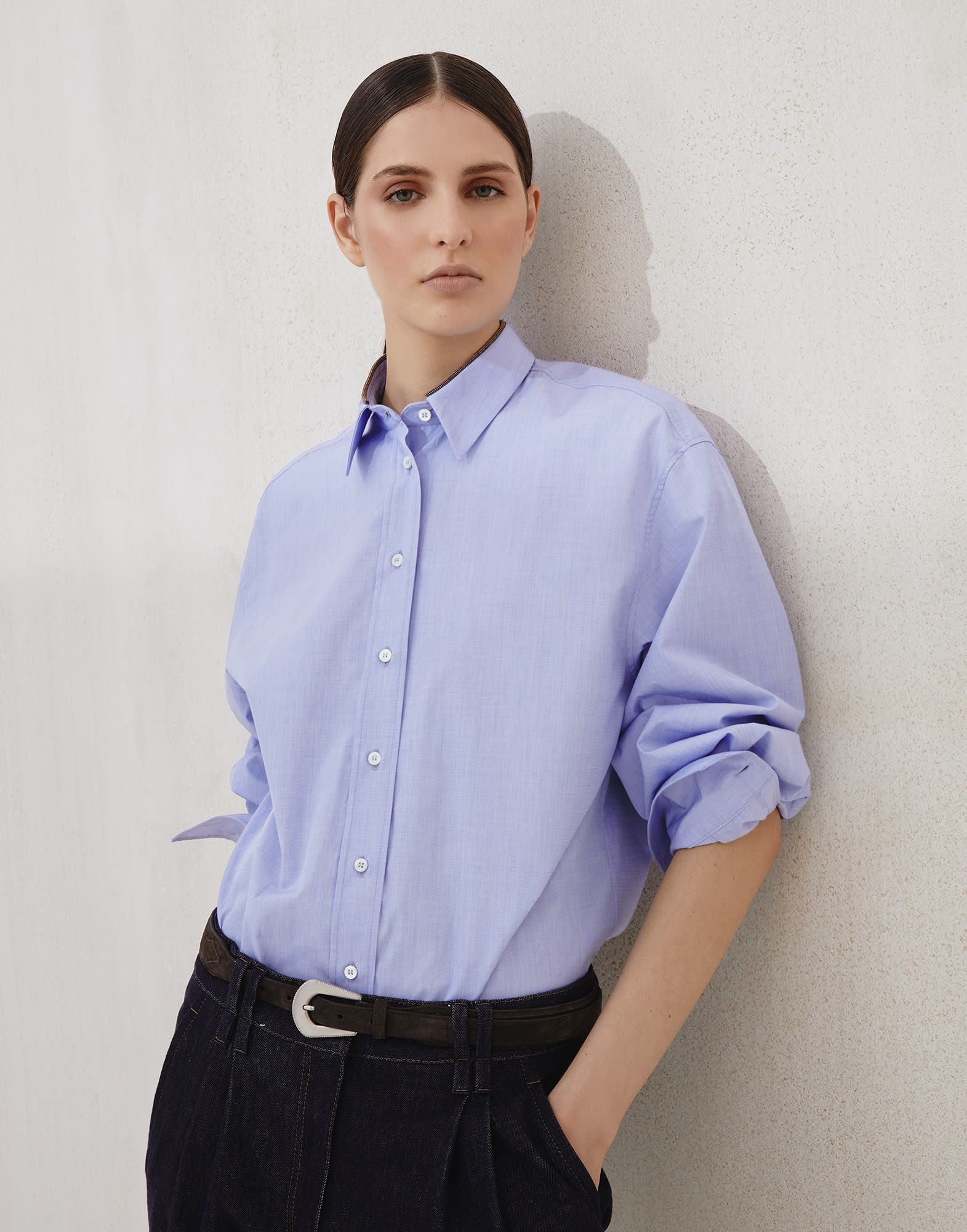 Cotton end-on-end shirt with shiny collar detail - 4