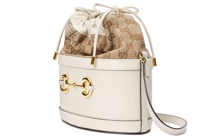 (WMNS) Gucci Horsebit 1955 Retro Gold buckle Logo Canvas Drawstring Shoulder Messenger Bag White 602 - 2