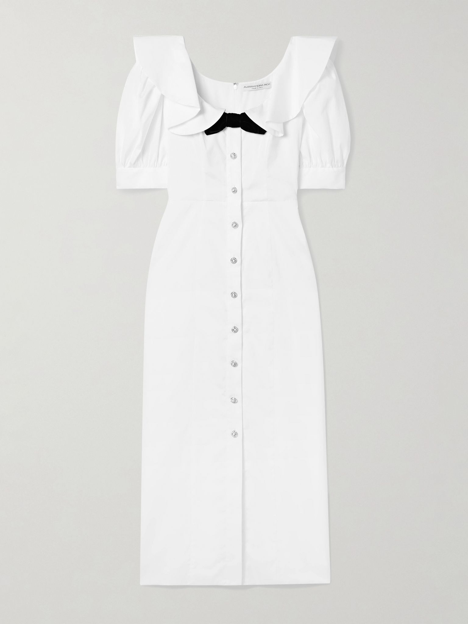 Velvet-trimmed ruffled cotton-poplin midi dress White - 1