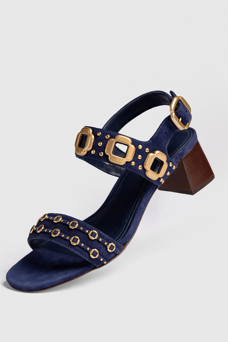 Larroudé Milan Studs Block Sandal In Navy Suede outlook