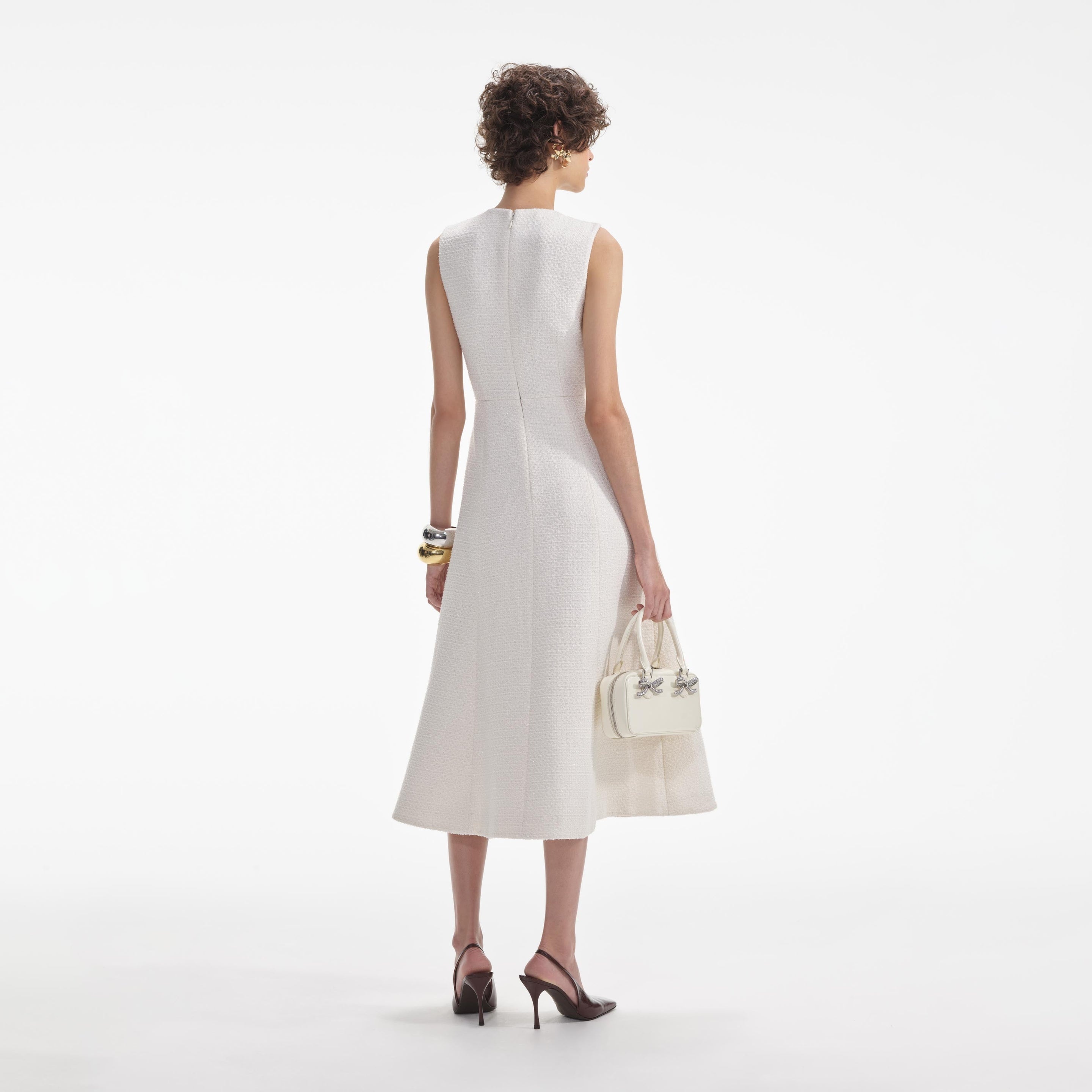 self-portrait Cream Tinsel Boucle Buttoned Midi Dress - AW24-009M-C |  REVERSIBLE