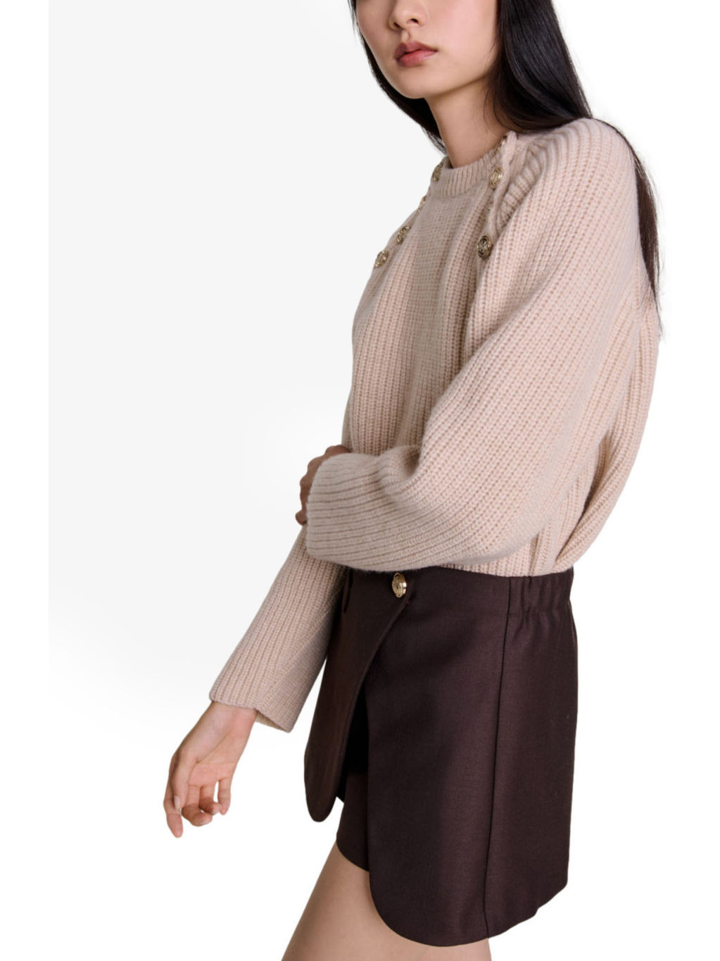 Button-embellished high-rise wrap stretch-knit mini skirt - 5