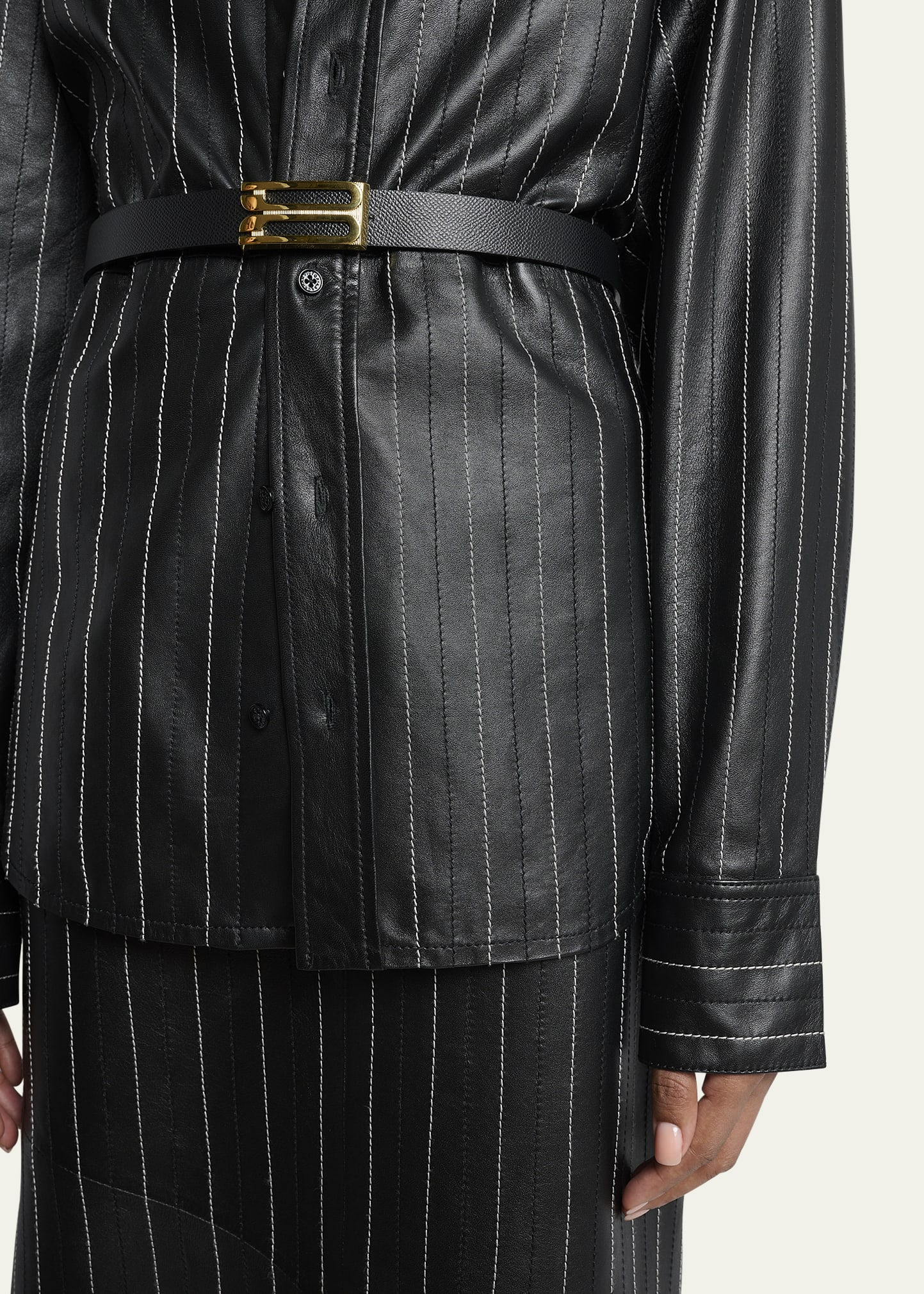 Pinstripe Leather Tab Detail Shirt - 5