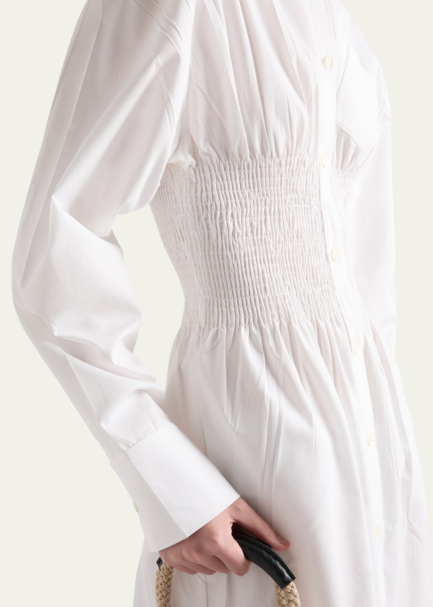 Smocked Canvas Fit-and-Flare Midi Shirt Dress - 4