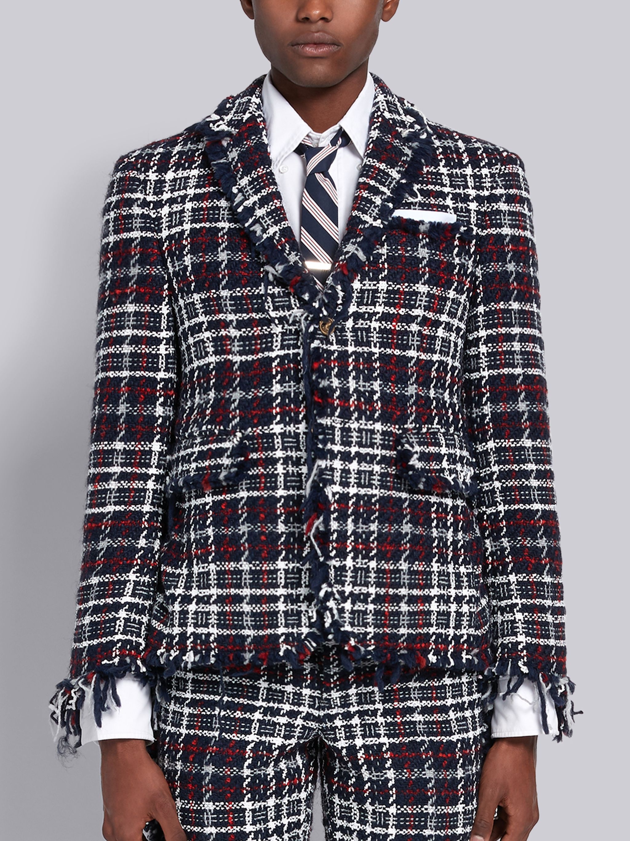 Navy Check Tweed Frayed Edge Classic Sport Coat - 1