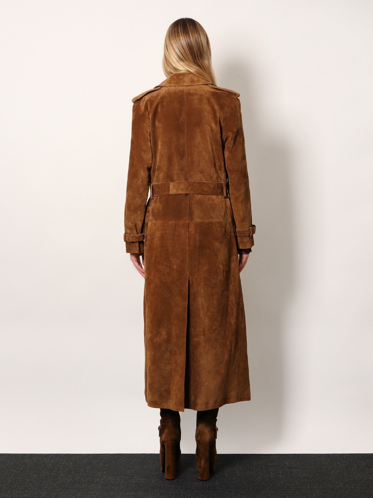 Long Double-Breasted Suede Trench Coat - 3