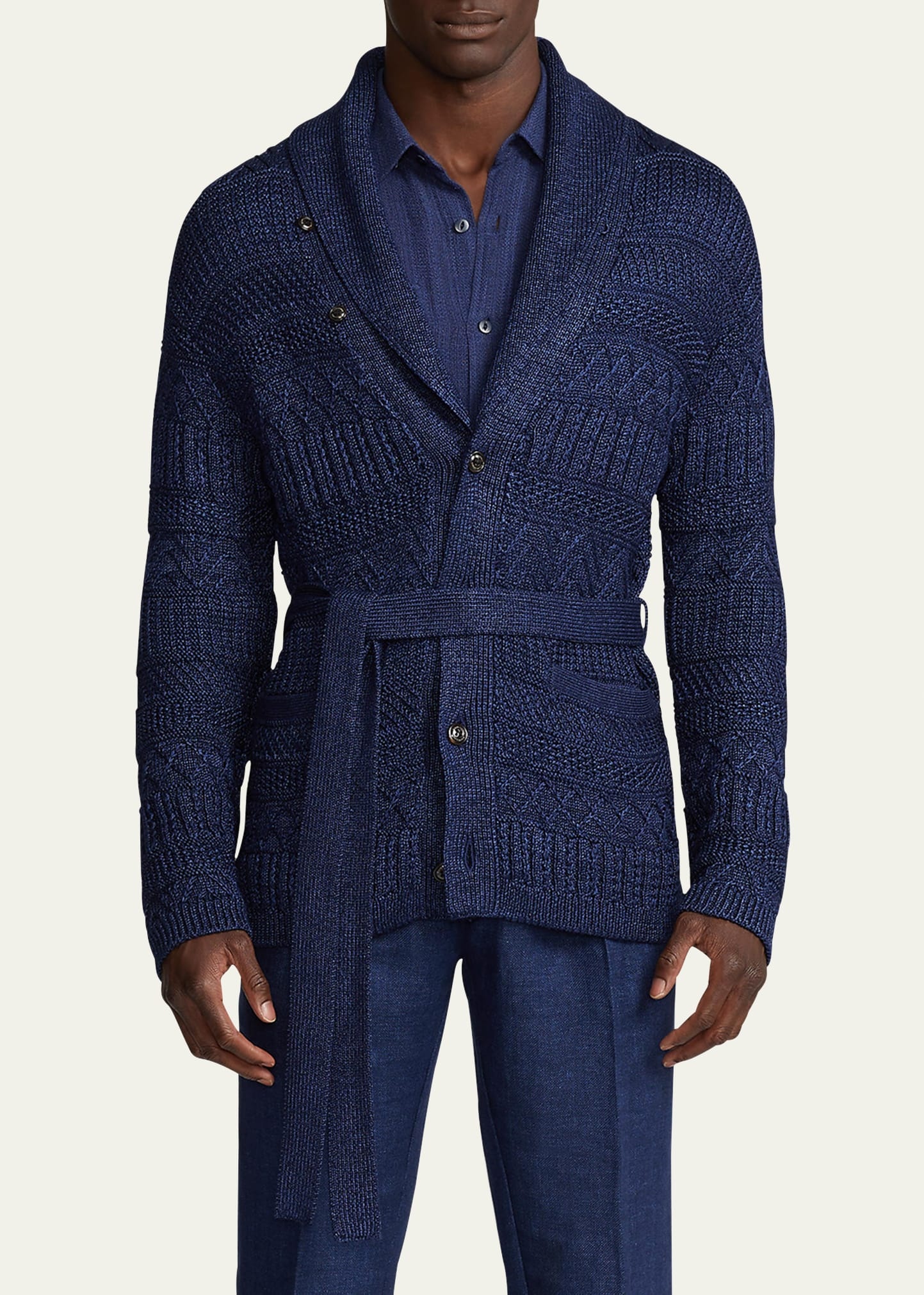 Men's Textured Knit Belted Cardigan - 4