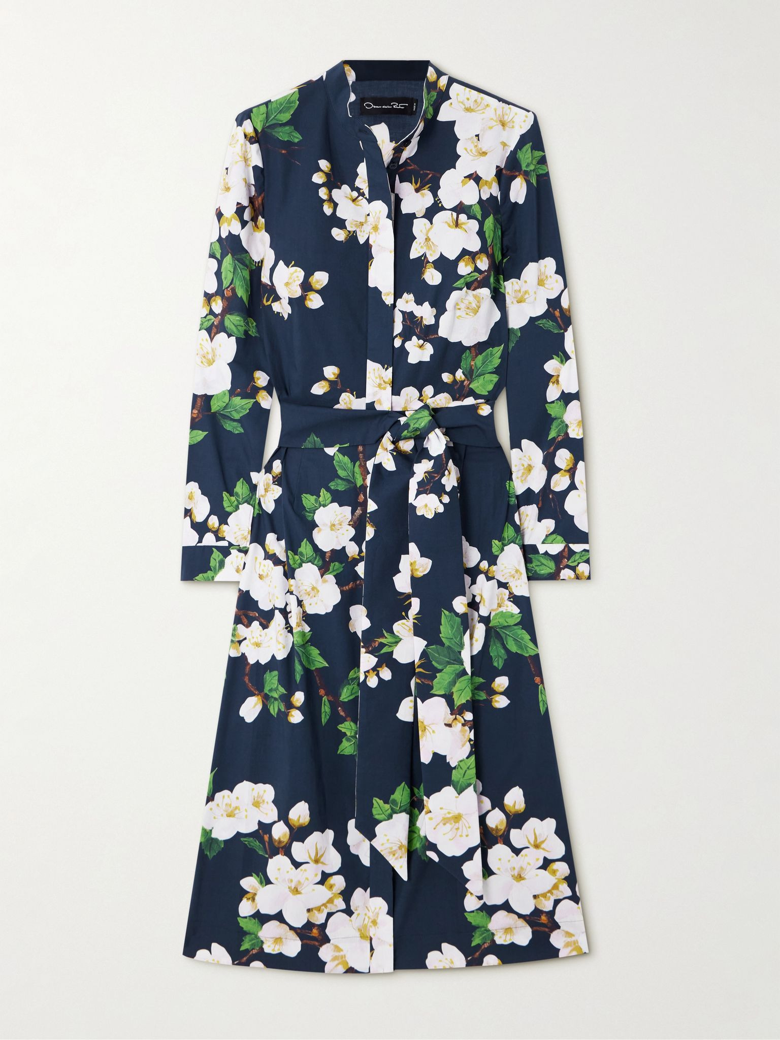 Belted floral-print cotton-blend poplin midi shirt dress Navy - 1