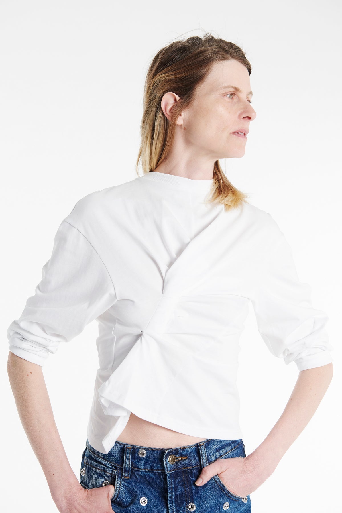 LONG SLEEVE KNOTTED JERSEY TOP WHITE - 4