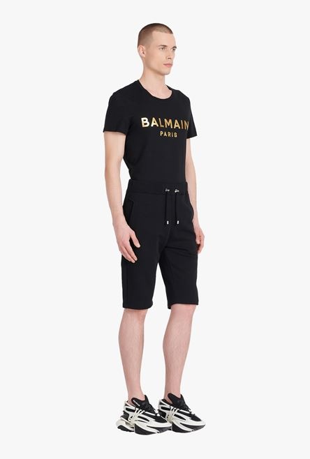 Black eco-designed cotton shorts with white and gold Balmain Paris logo print - 7