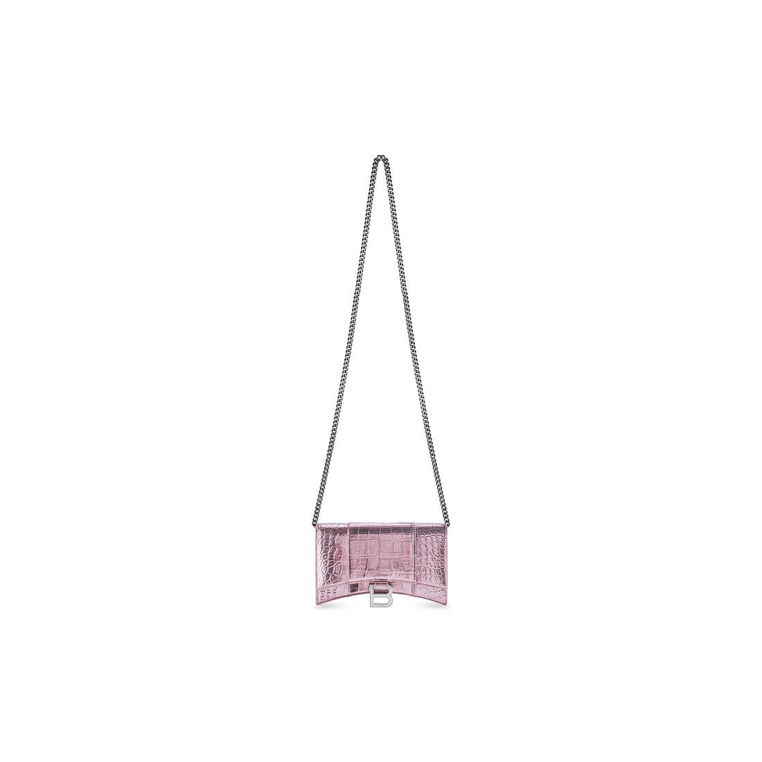 Women's Hourglass Wallet With Chain Metallized Crocodile Embossed in Pink - 1