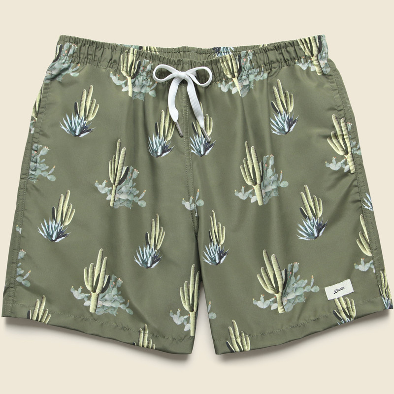 5.5" Cactus Print Swim Trunks - Dark Green 1