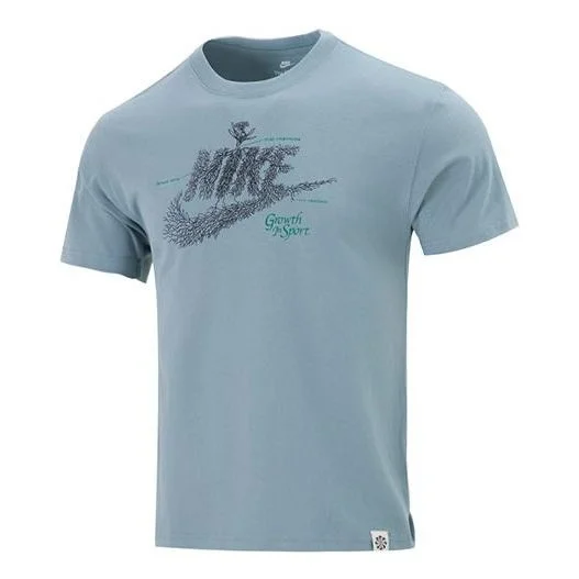 Men's Nike Sportswear Plant Flowers Logo Printing Sports Round Neck Short Sleeve Gray Blue T-Shirt D - 1