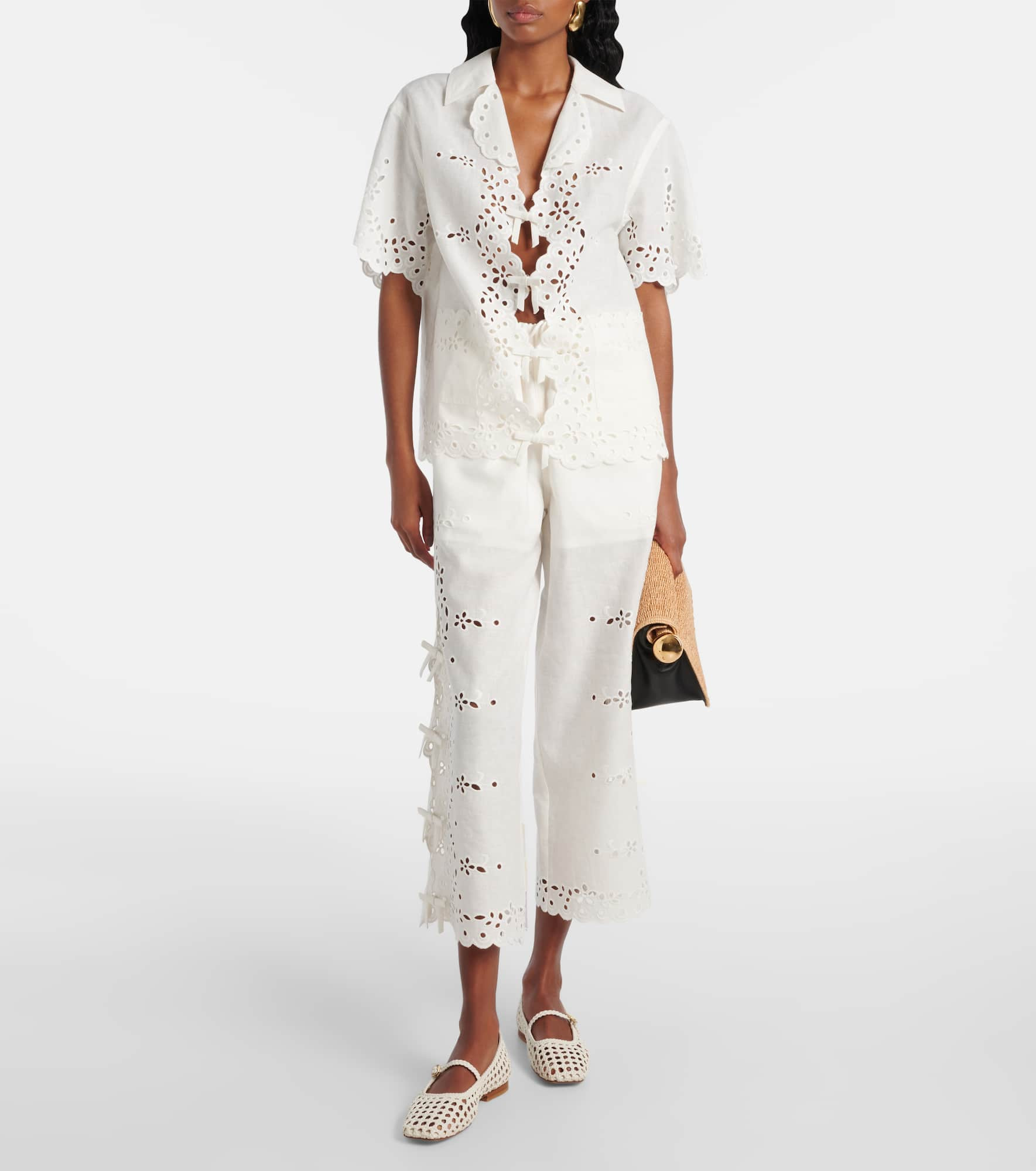 Embroidered linen and cotton wide-leg pants - 2