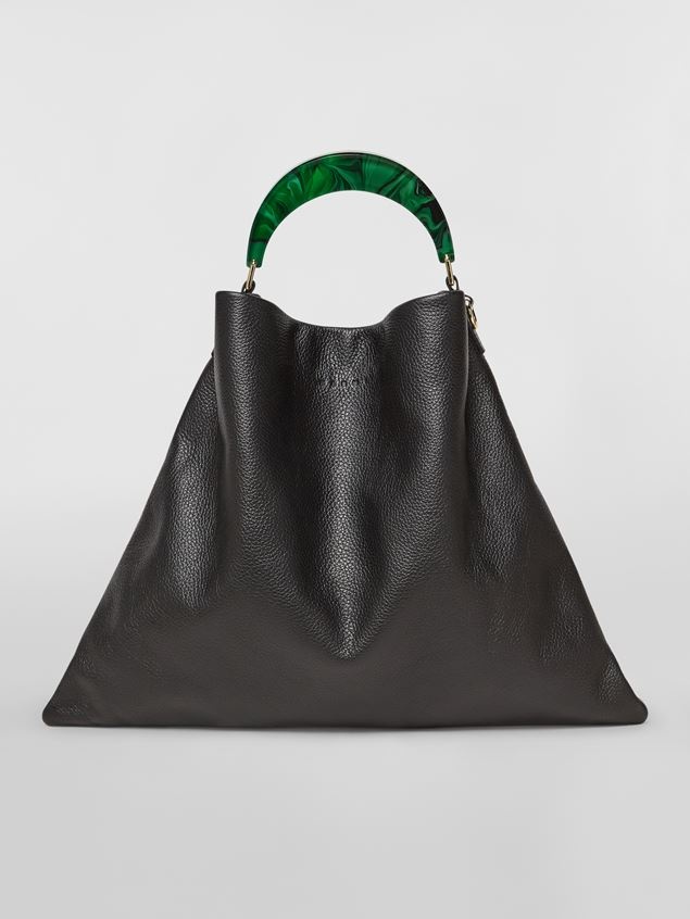 HOBO BAG IN BLACK GRAINED CALFSKIN AND RESIN HANDLE - 1