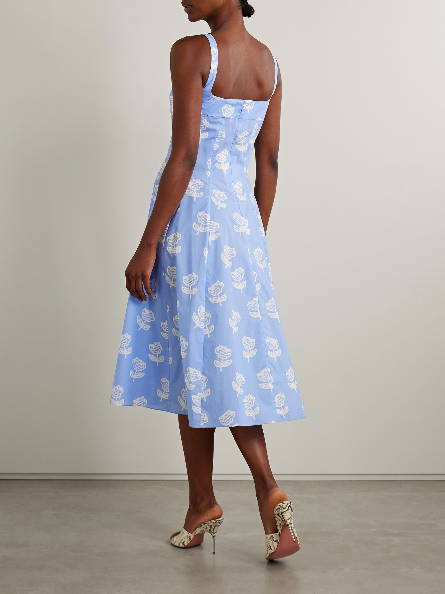 Pleated floral-print cotton-poplin midi dress Blue - 3