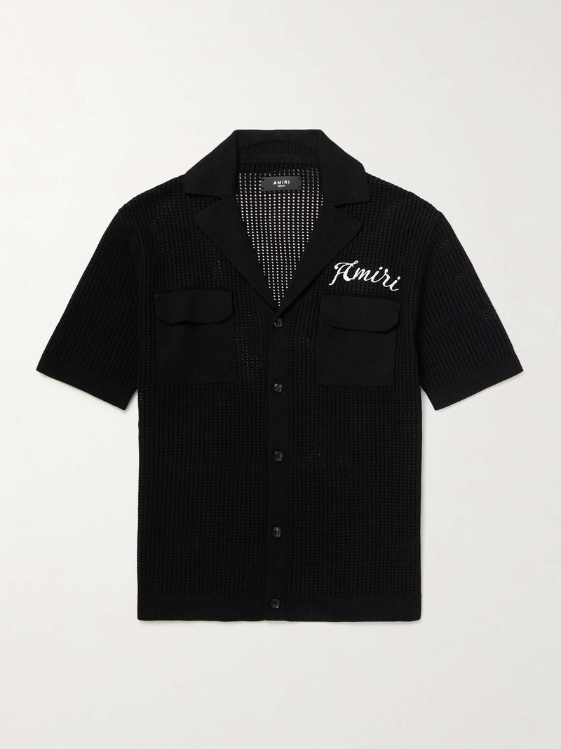 Camp-Collar Logo-Embroidered Open-Knit Cotton Shirt 1