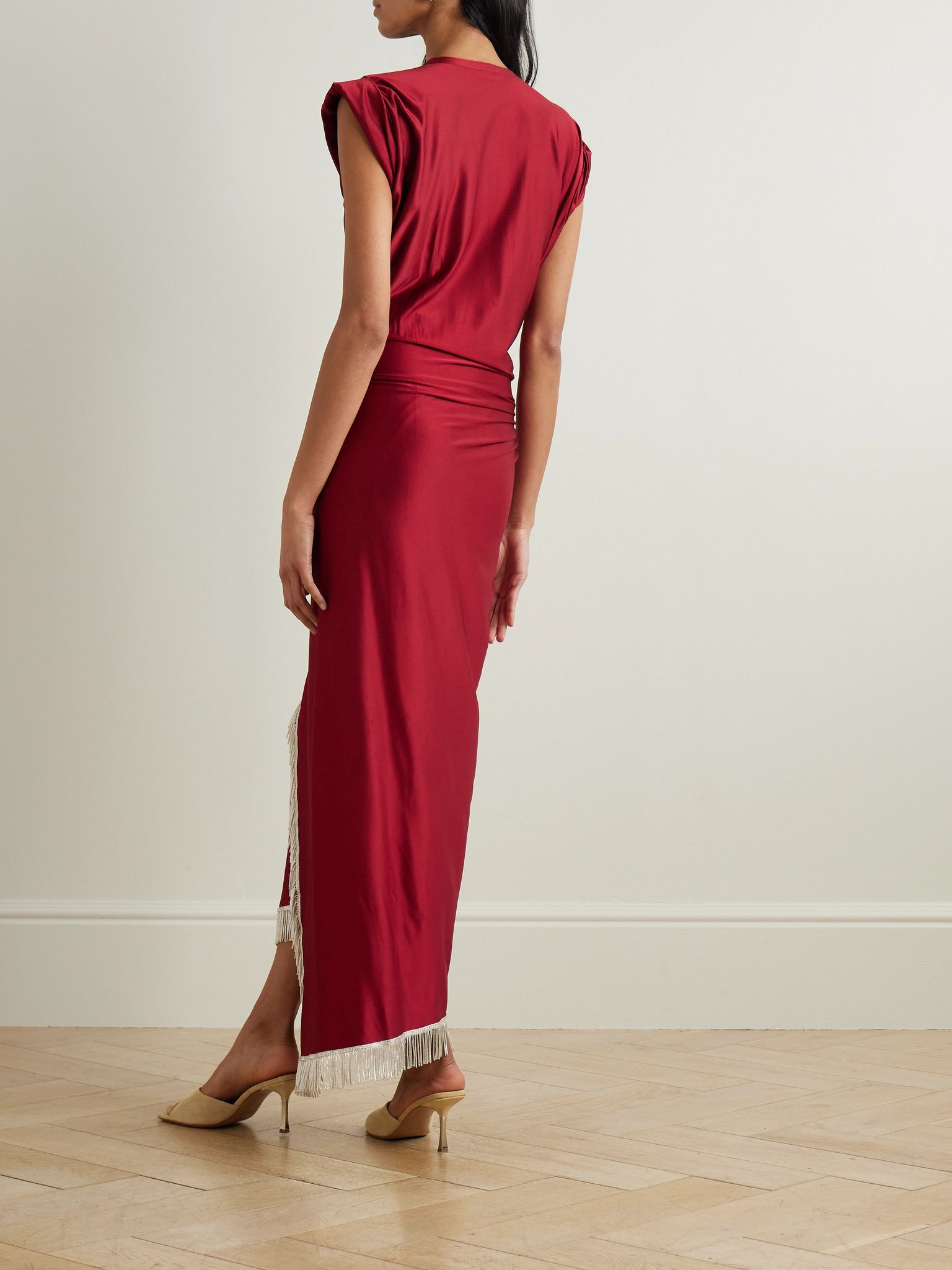 Asymmetric fringed draped satin-jersey dress Red - 3
