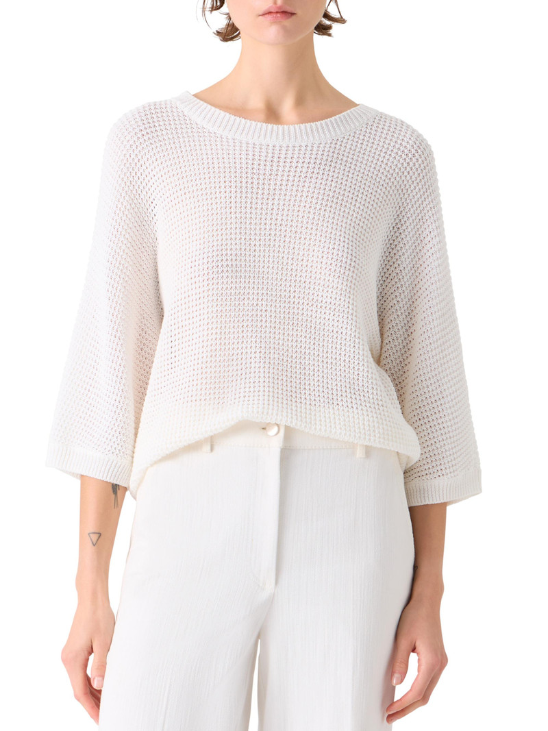 Women's Linen-Cotton Knit Crewneck Sweater - Cream 3