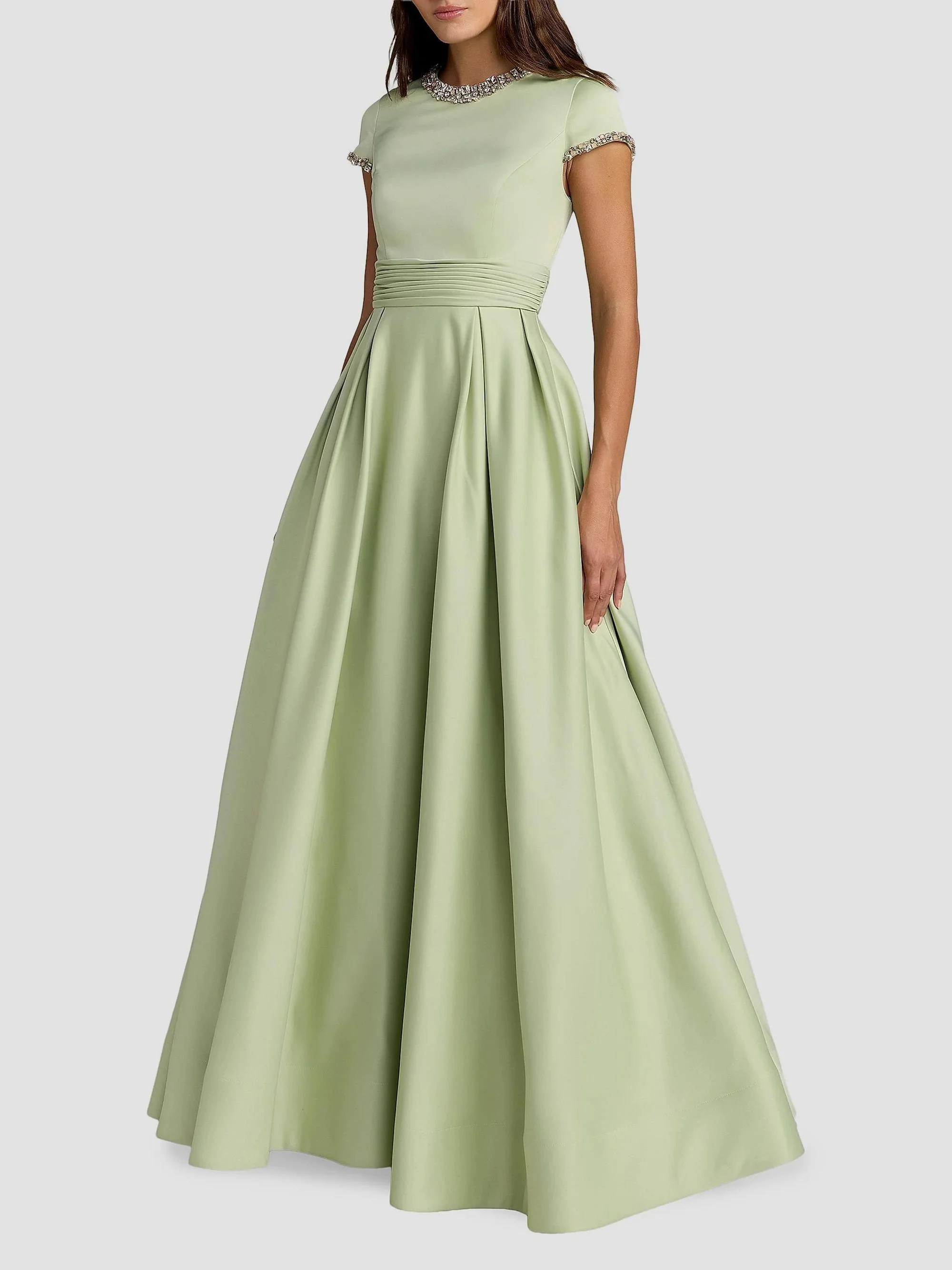 Women's Embellished Satin Cap-Sleeve Gown - Sage - 1