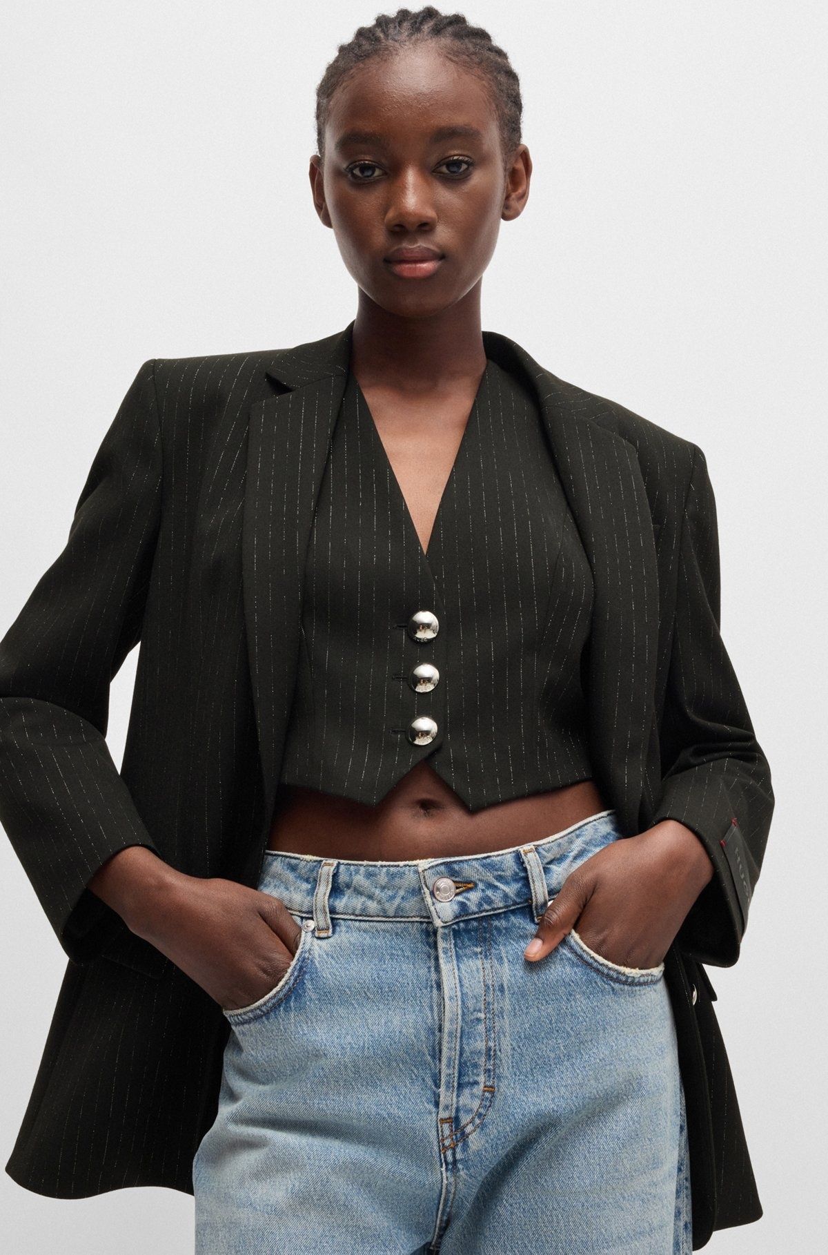 SLIM-FIT CROPPED WAISTCOAT WITH SPARKLE PINSTRIPE - 6