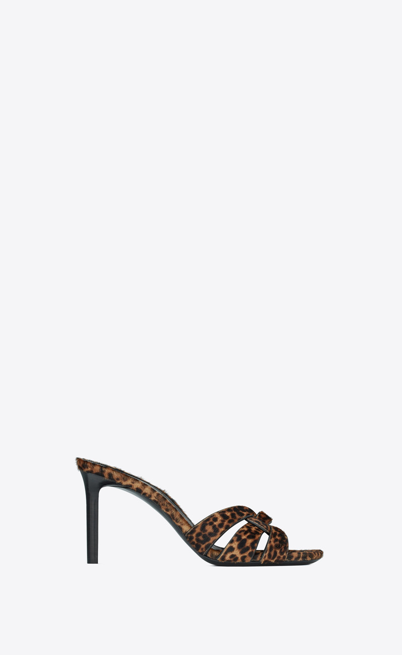 tribute heeled mules in leopard-print pony-effect leather 1