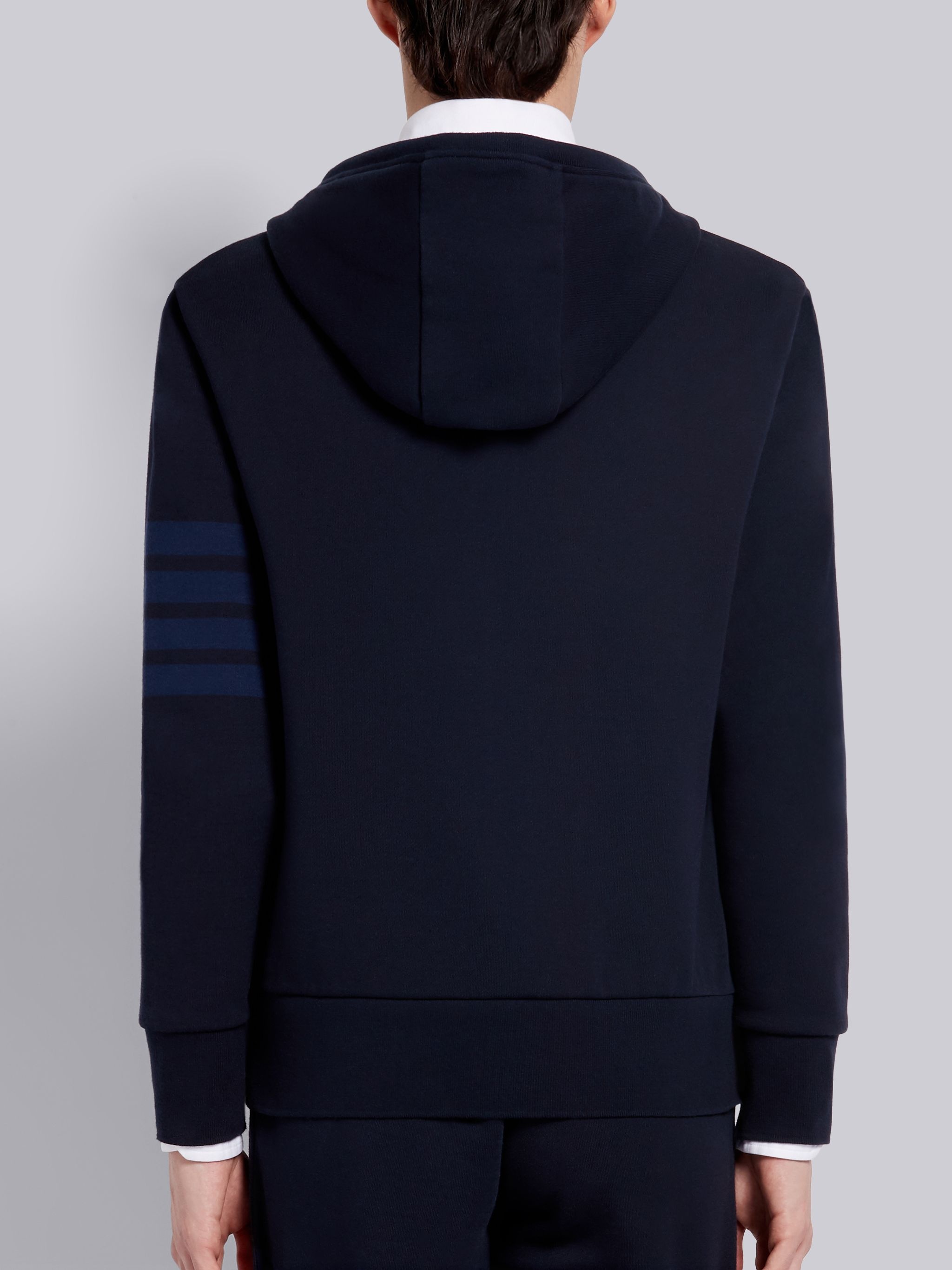 Navy Cotton Loopback Relaxed Fit Tonal 4-Bar Zip-up Hoodie - 3