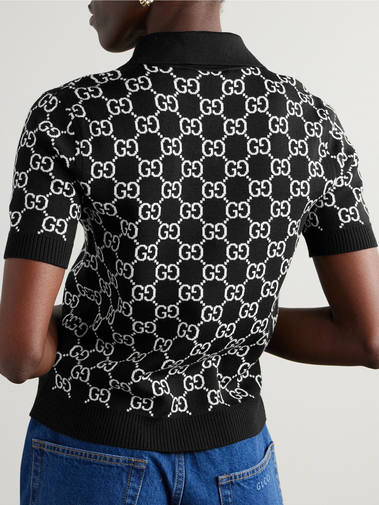 Reversible logo-jacquard wool-blend polo shirt Black - 4