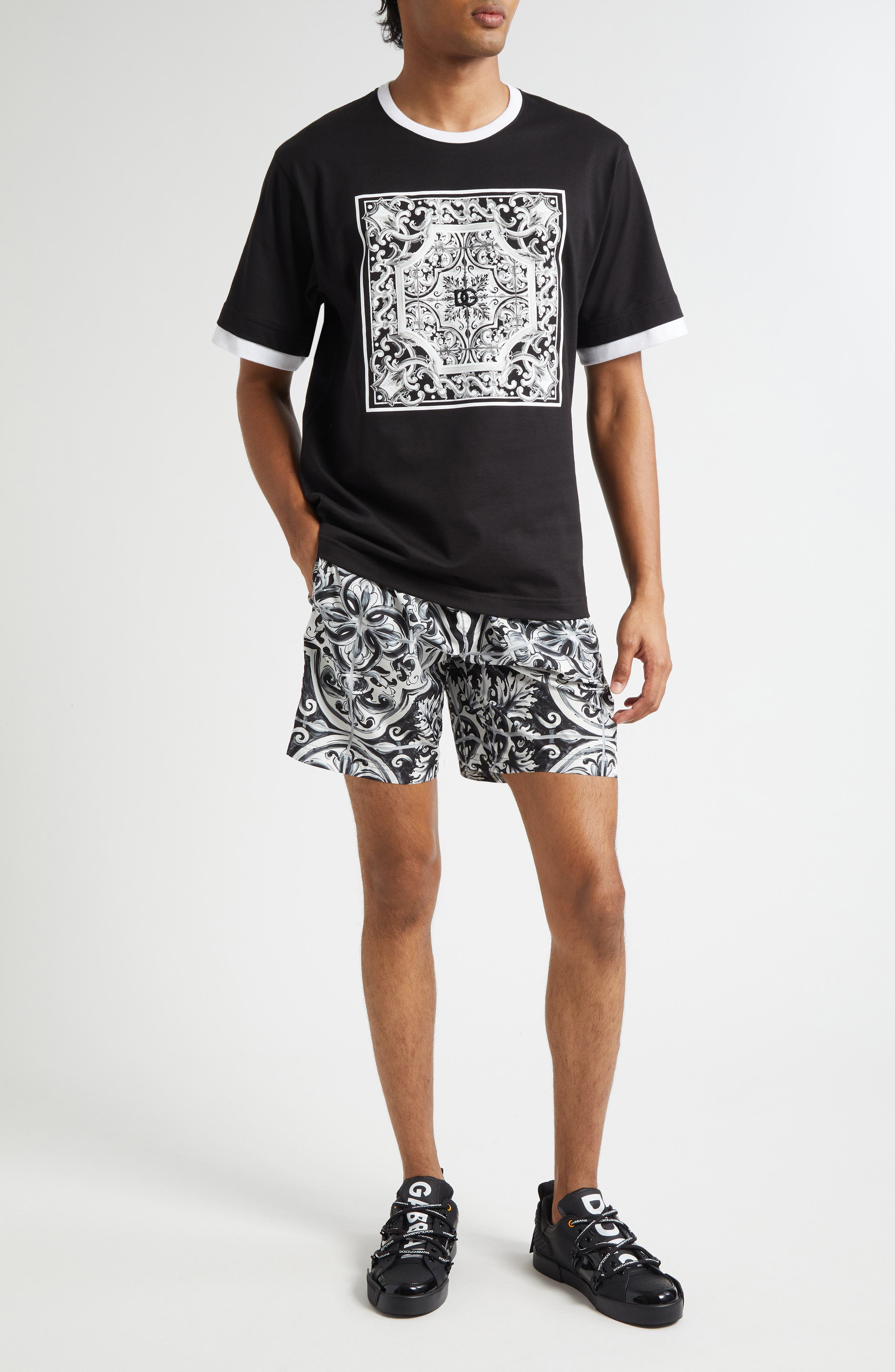 Dolce&Gabbana Majolica Embroidered Ringer T-Shirt in Nero at Nordstrom - 2