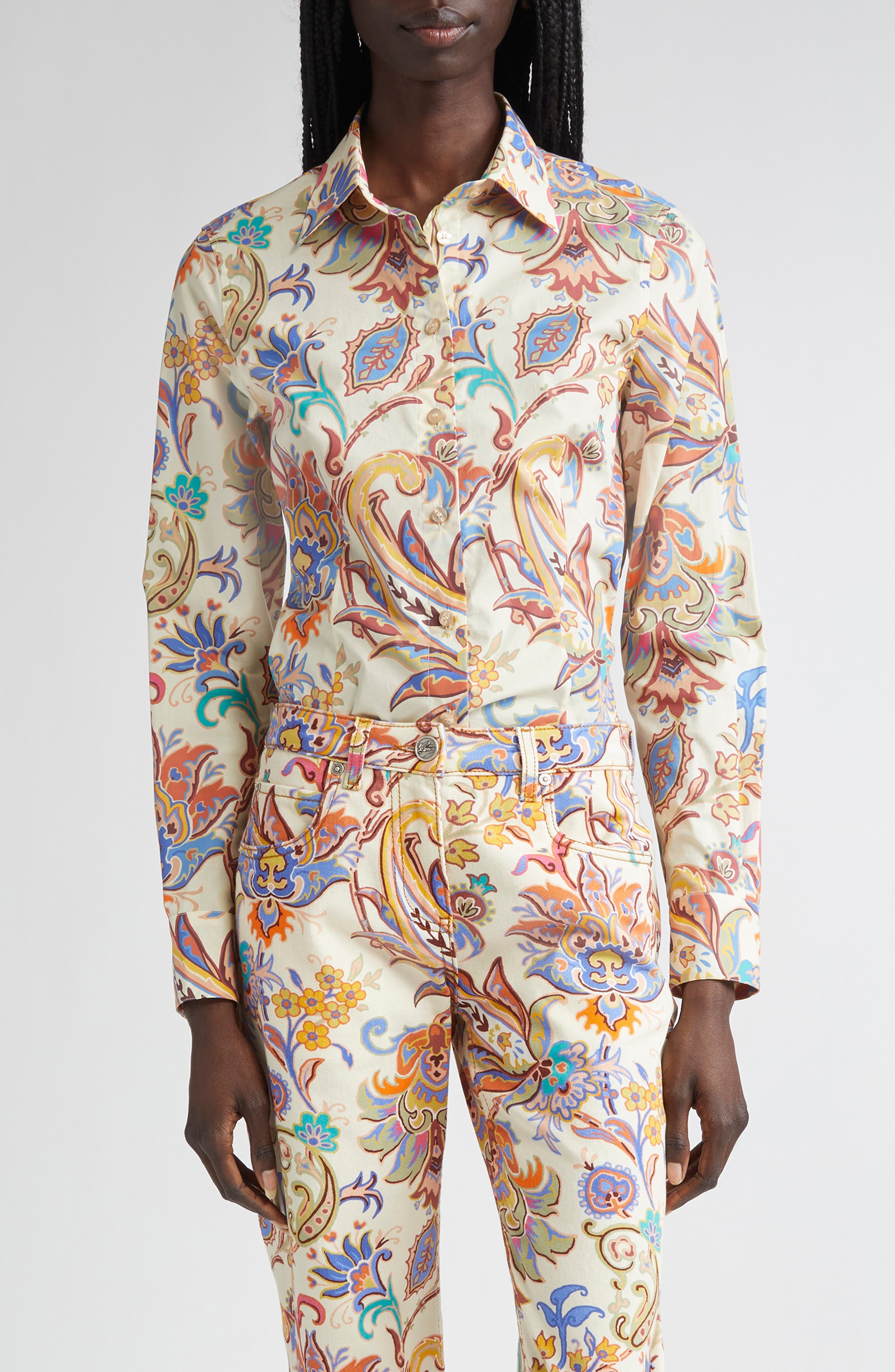 Etro Floral Paisley Stretch Poplin Button-Up Shirt in Stampa F.do Bianco at Nordstrom - 1