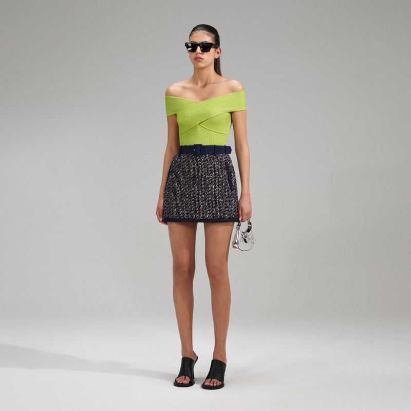 self-portrait Green Lurex Knit Off Shoulder Top outlook