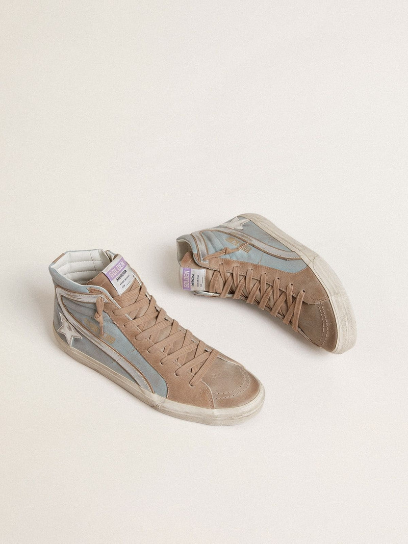 Golden Goose Slide in light blue canvas with silver metallic leather flash outlook