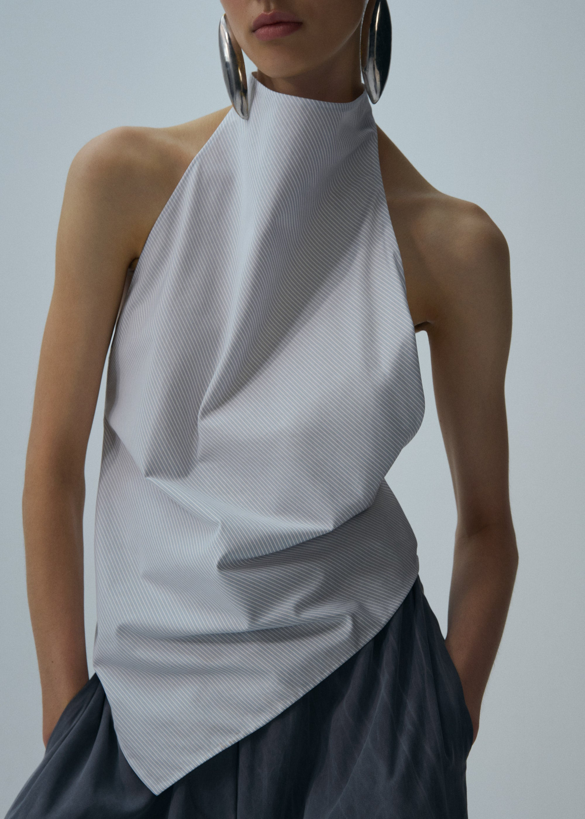 Silk high neck balloon top in grey stripes - 4
