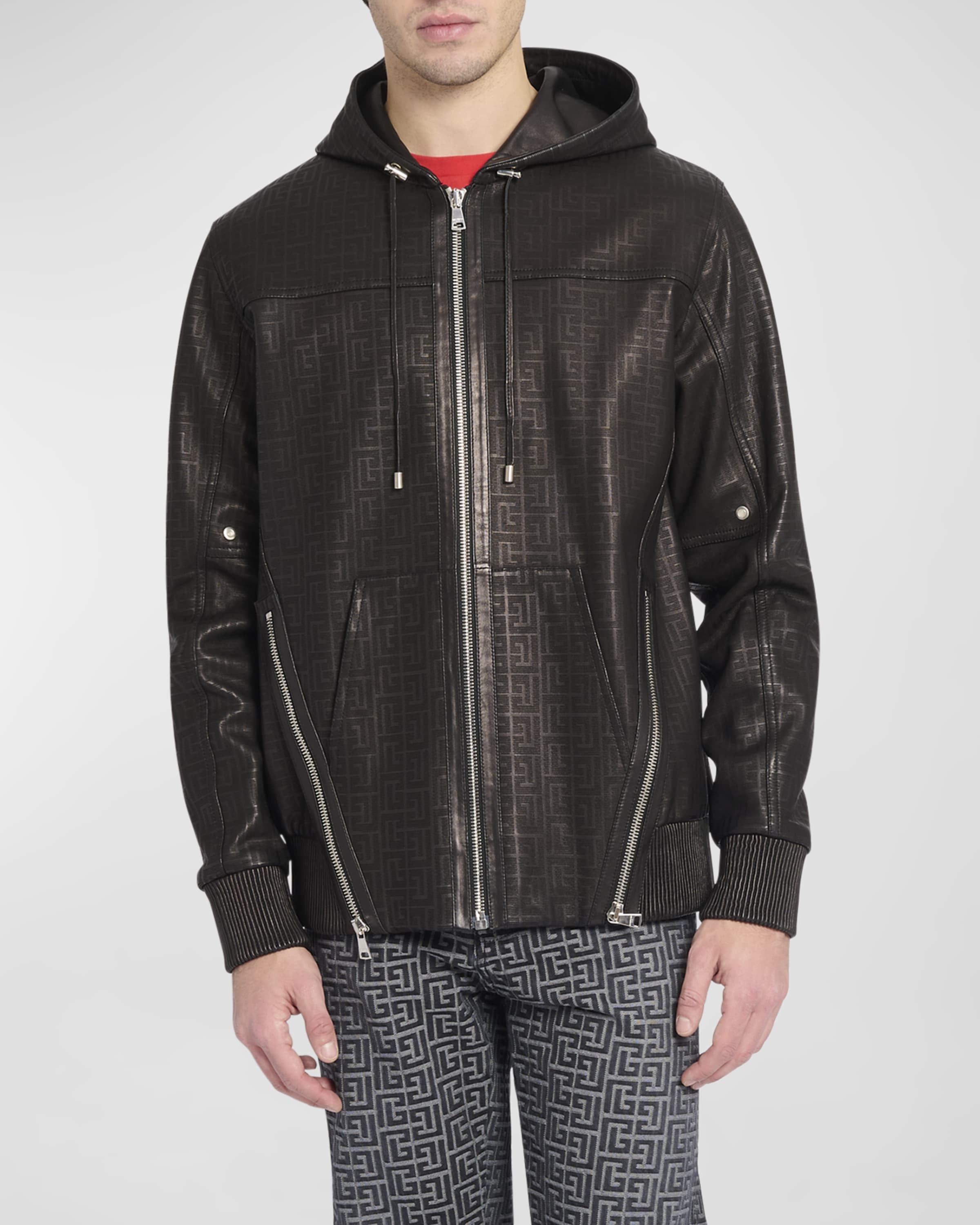 Balmain Monogram Laser-Cut Leather Hoodie