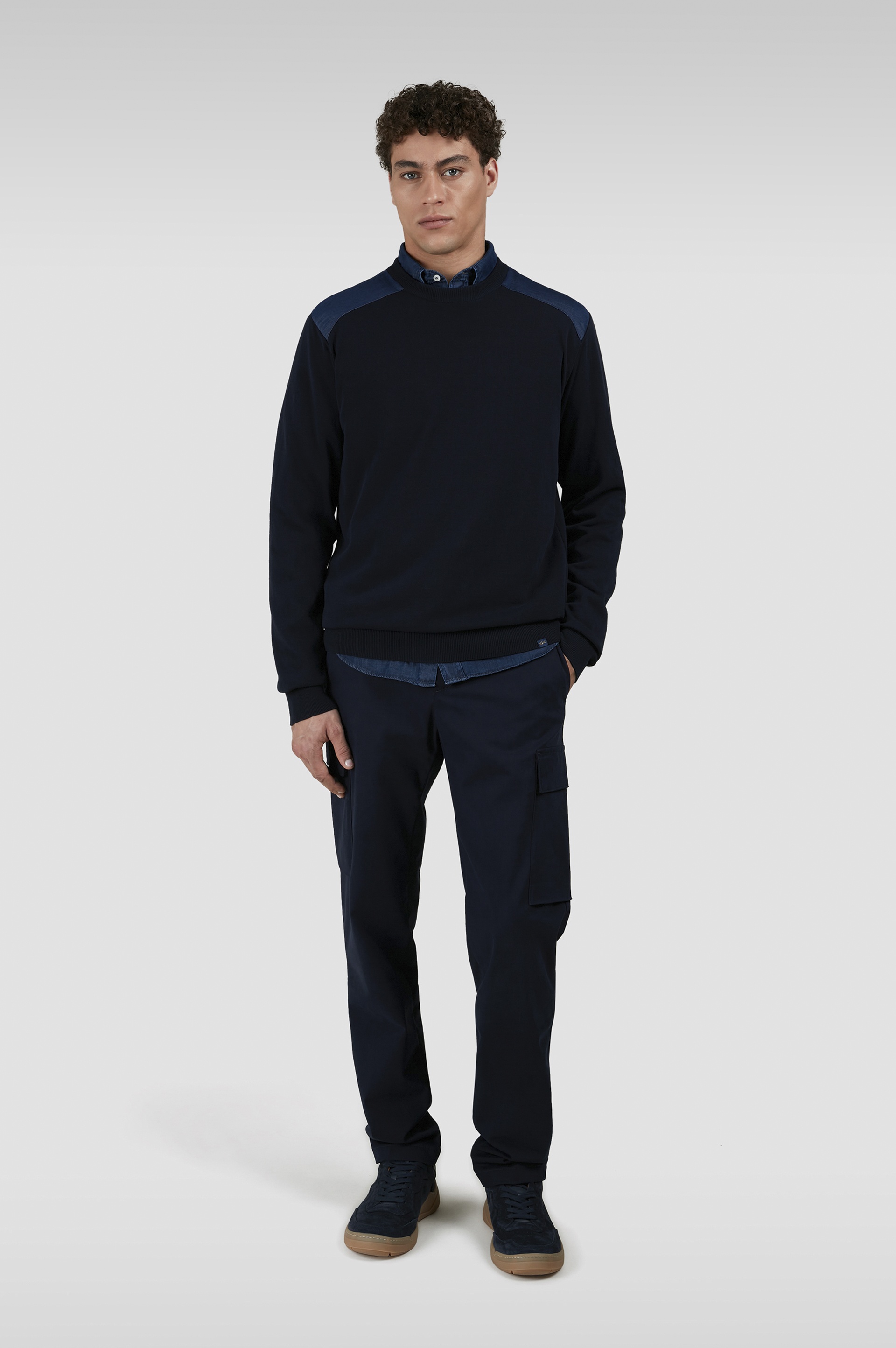 FRESCO COTTON CREWNECK SWEATER WITH DENIM DETAILS - 2