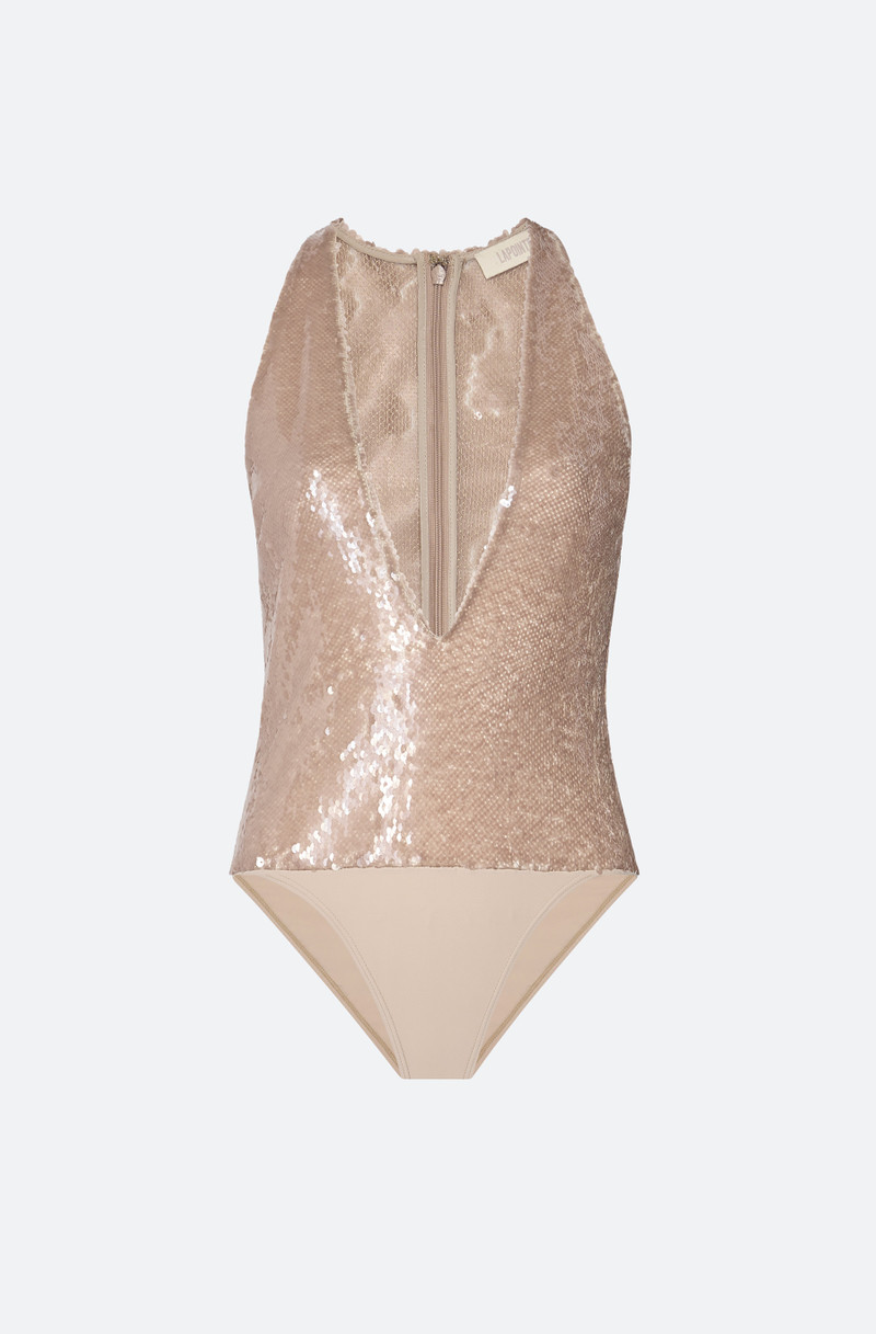 Sheer Sequin Plunge Neck Bodysuit 1