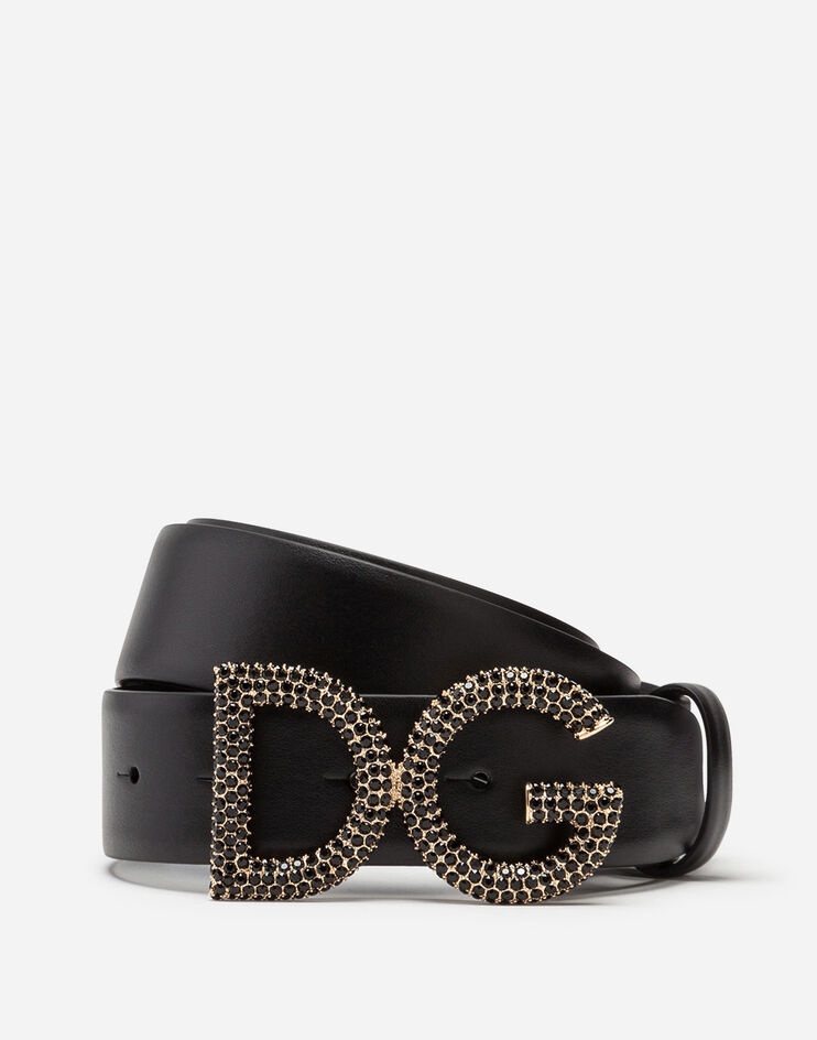 Belt in calfskin with rhinestone logo buckle - 1