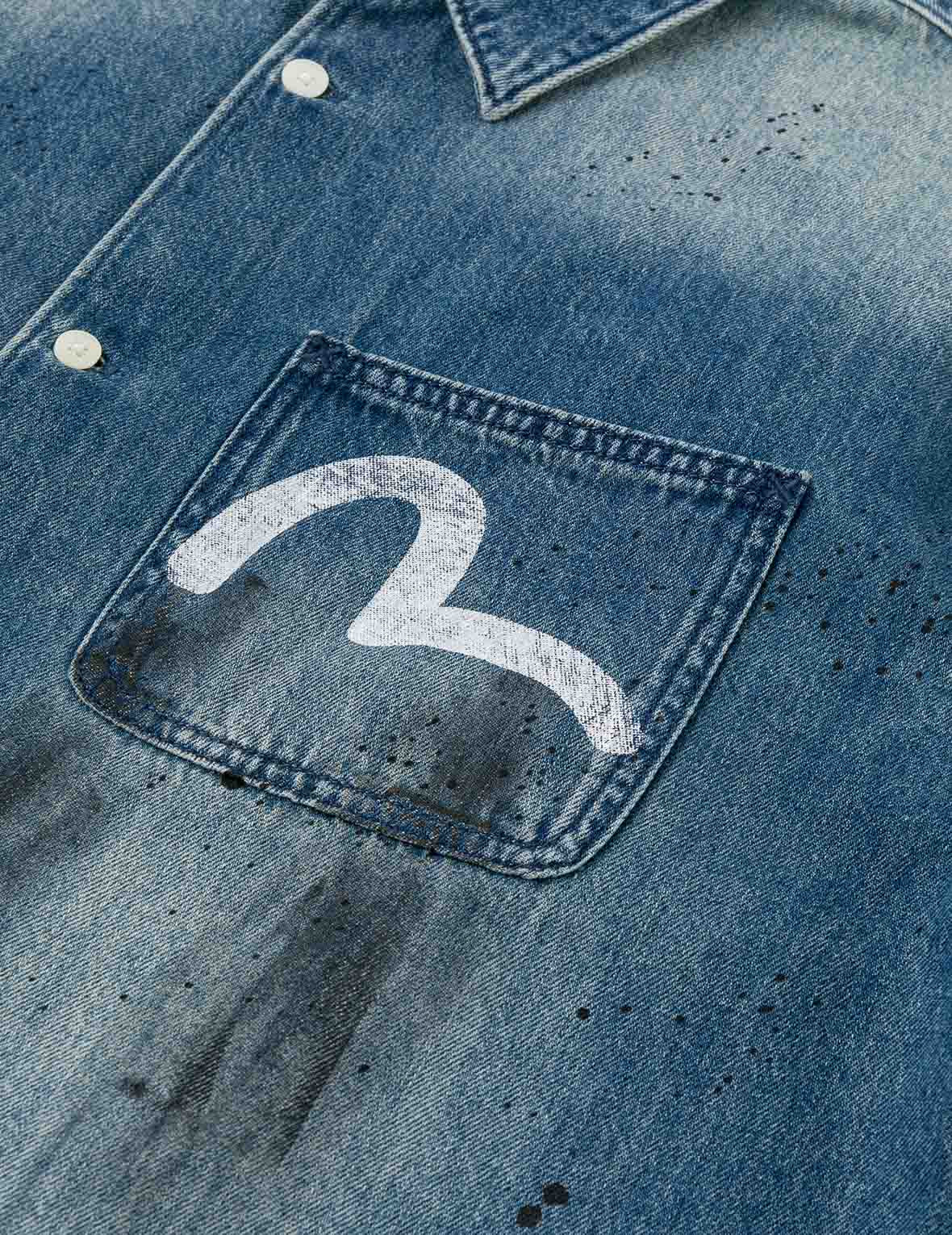 Splash Ink Seagull Print Regular Fit Denim Shirt - 7