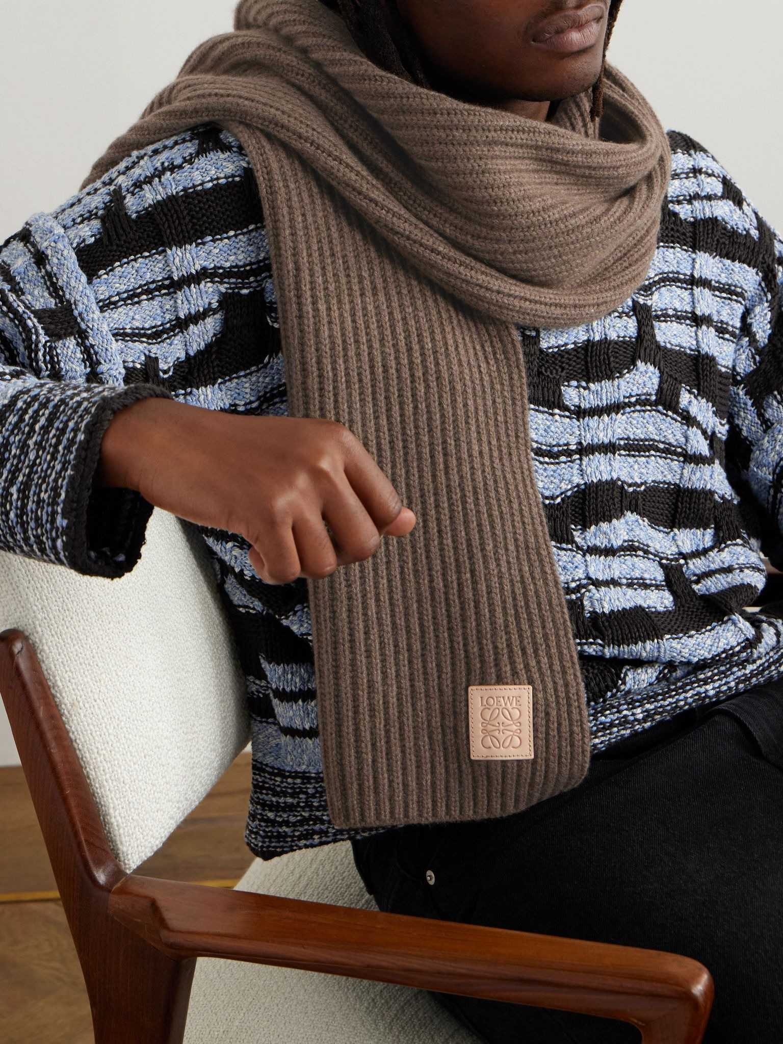 Logo-Appliquéd Ribbed Cashmere Scarf Brown - 2