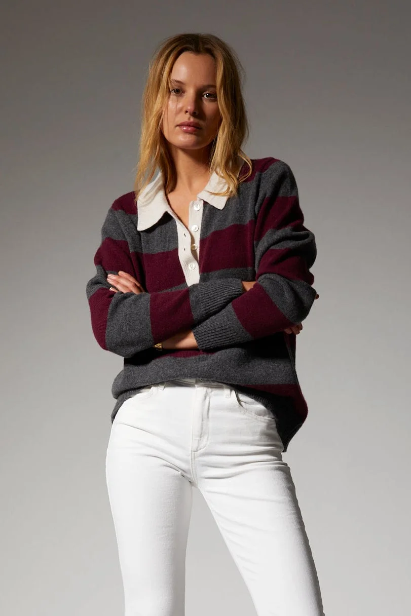 WINE STRIPED CASHMERE POLO SWEATER - 1