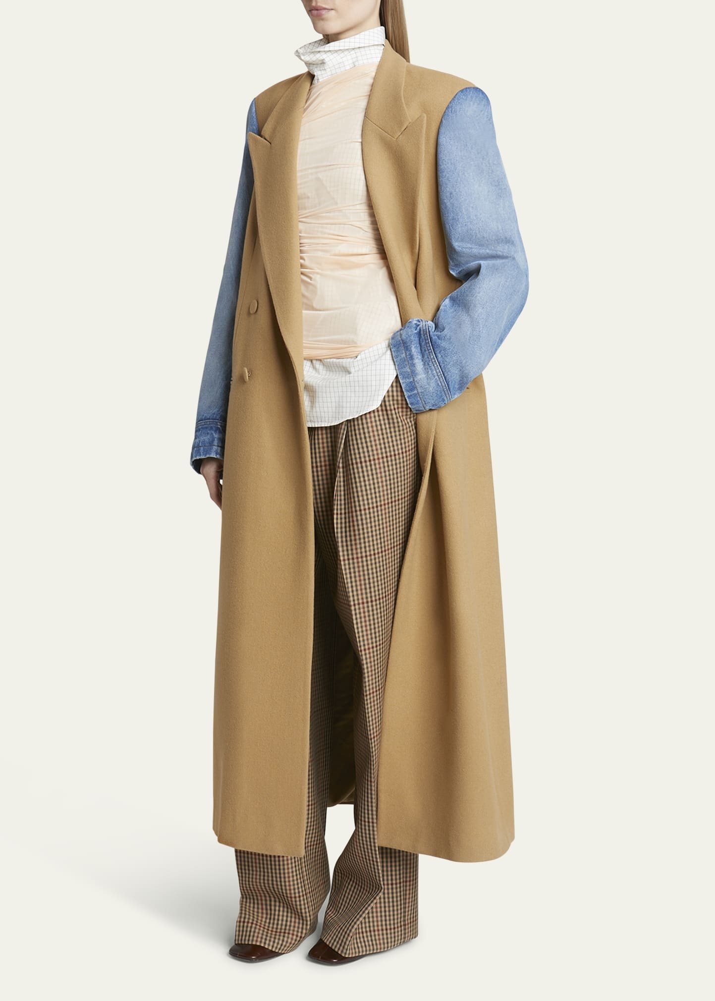 Dries Van Noten Rinko Wool Trench Coat with Denim Sleeves